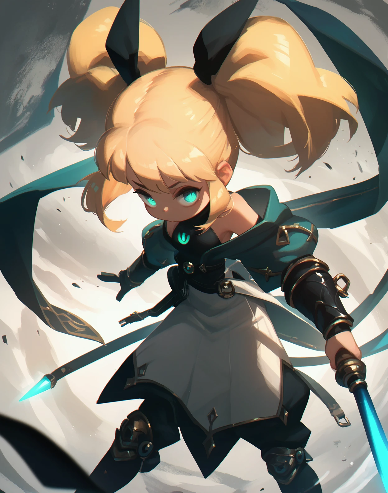 score_9, score_8_up, score_7_up,score_6_up, 1girl in a dark fores, holding a spear, twintails, blonde hair, aqua eyes, glowing eyes,
<lora:porforever_style_pony6_v2-000020:1>