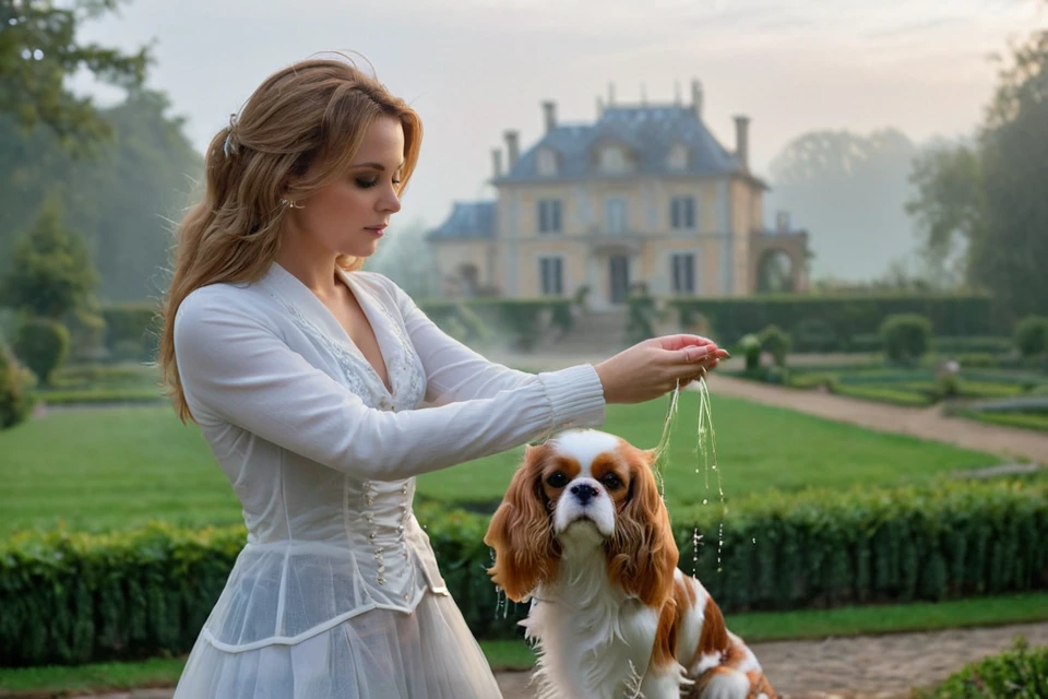 <lora:Noble_Dogs_XL_CKCS_E27:0.9>  NOBLEDOGS_CKCS, remarkable ultra-realistic portrait of an elegant victorian mature woman woman who is playing with (cavalier person spaniel dog:1.3) in early morning noble garden in front of foggy French landscape with luxurious mansion in background fog, woman presenting her artistic hands which have anatomically correct five fingers BREAK ([(3d game concept with ground made of voronoi-shaped prismatic voxels:1.2) : ultra-realistic organic shapes with wet surface and reflections :0.42]:1.4), art by mooncryptowow, (dreamy natural morning light with rim lighting and soft focus and light leaks with shallow dof and swirly bokeh, view from_below, low angle view:1.1), (masterpiece, award winning artwork), many details, extreme detailed, remarkable