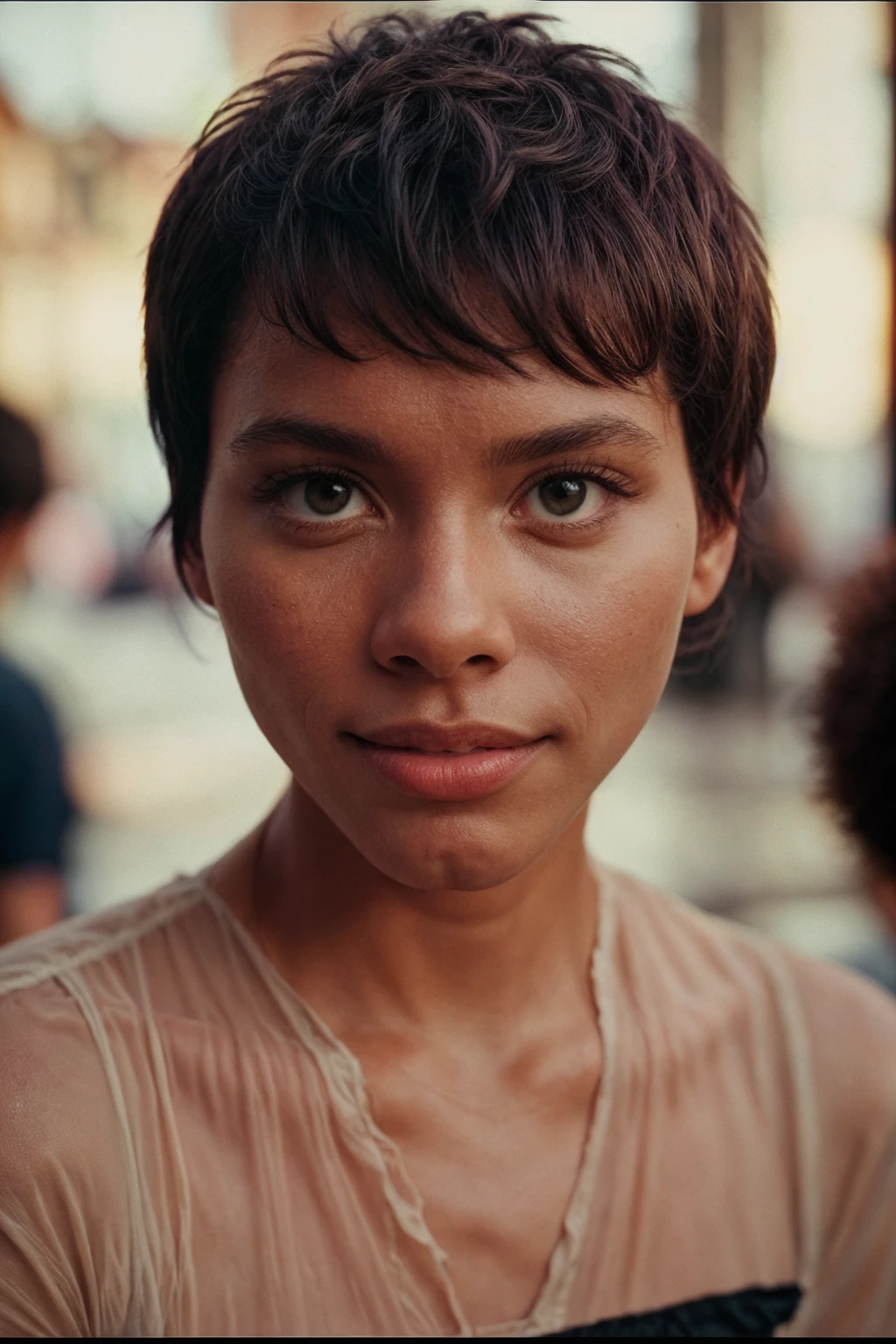 analog film photo <lora:[US]_-_Gloria_Hendry:1> mt-gloriahendry, african american girl, (short afro hair), solo, (looking at viewer), realistic lighting, (detailed skin), (detailed face), smiling, (wearing The Transparent Blouse: Stylishly donning a sheer blouse that showcases a glimpse of the feminine form beneath), (simple background:1.5), 
BREAK
masterpiece, best quality, ultra-detailed, ultra high res, (photorealistic:1.4), raw photo, (realistic:0.2), 8k HDR, 1girl, bokeh, f1.4, 40mm, photorealistic, raw, 8k, textured skin, skin pores, intricate details