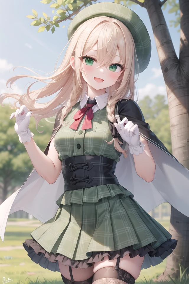 insanely detailed, absurdres, ultra-highres, ultra-detailed, best quality,
1girl, solo, nice hands, perfect hands
BREAK
((gothic dress, Idol costume):1.3), (green and white theme:1.2), (white blouse:1.4), ((white collar, tie):1.3), (open short-cape:1.3), (short sleeve:1.2), (green tartan-check pattern (ruffle-skirt, multilayer-skirt):1.4), (white basque-beret with ribbon:1.3), (Fishnet stockings:1.3), (glove:1.2), (cleavage:-1.5)
BREAK
happy smile, laugh, open mouth
BREAK
standing, cowboy shot, looking at viewer
BREAK
slender, kawaii, perfect symmetrical face, ultra cute girl, ultra cute face, ultra detailed eyes, ultra detailed hair, ultra cute, ultra beautiful
BREAK
in forest, depth of field, ultra detailed background
BREAK
medium large breasts
BREAK
orange hair, green eyes, braid, hair between eyes