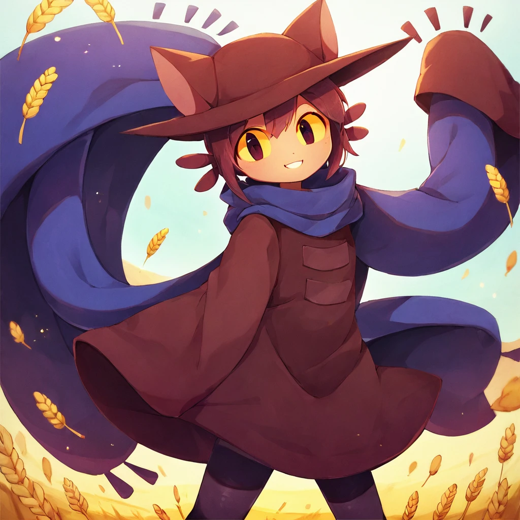 <lora:Niko:1>,1girl,solo,niko \(oneshot\),slit pupils,yellow sclera,cat hat,blue scarf,brown dress,long sleeves,black legwear,looking at viewer,smile, wheat field,, (score_9,score_8_up,score_7_up), anime style, beautiful detailed skin, beautiful eyes, detailed face, best quality, high quality,