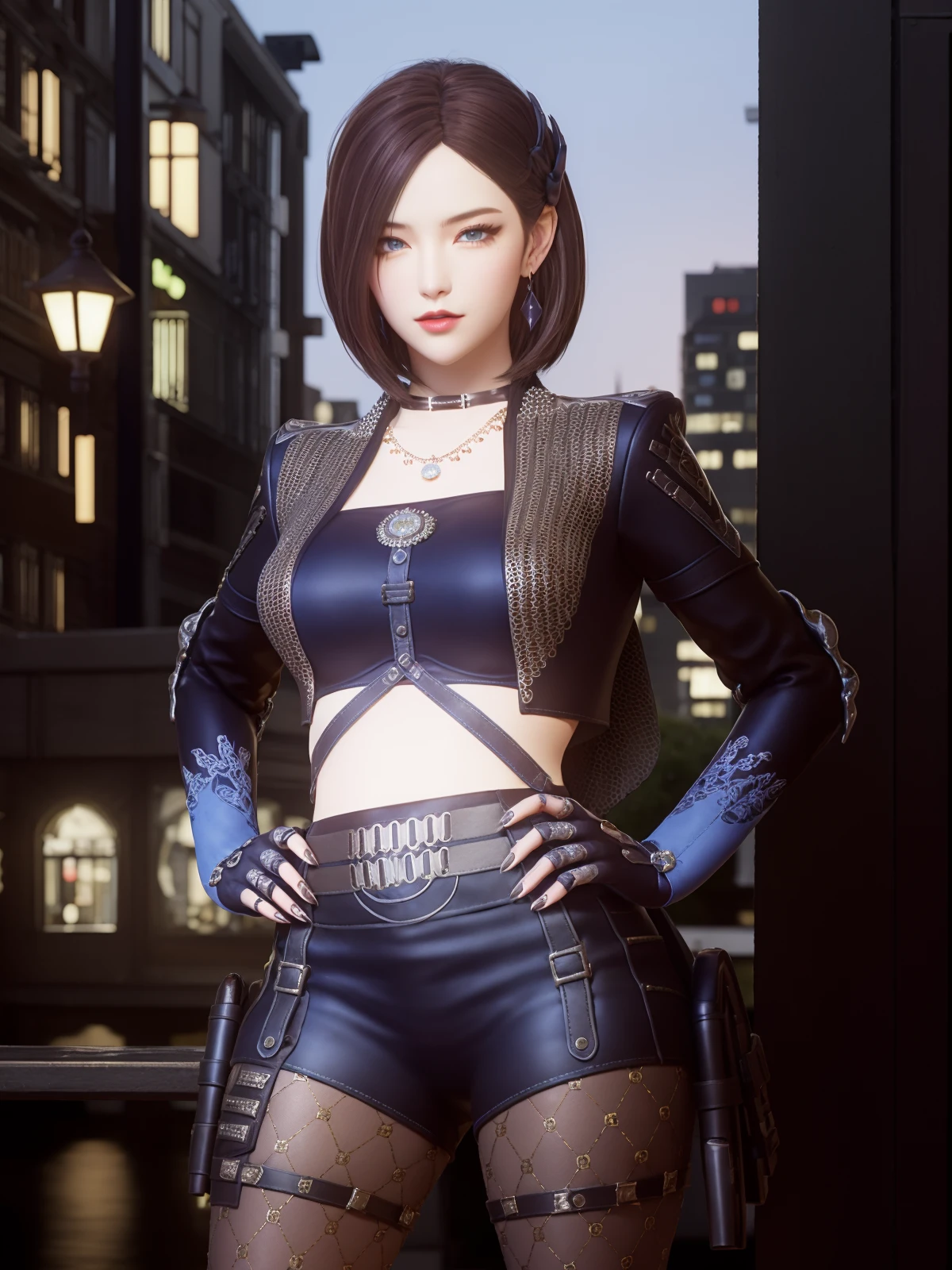 CFchuanshuoailishaBW, 1girl, solo,pantyhose, brown hair, boots, blue eyes, shorts, jewelry, necklace, midriff, short hair, gloves, choker, legwear under shorts, earrings, leather, lips, cropped jacket, thigh strap, crop top, cityscape, night, hand on hip,  <lora:CFchuanshuoailishaBW-000005:0.75>