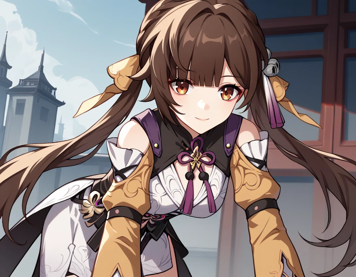 score_9, score_8_up, score_7_up, source_anime,
sushang, <lora:honkai-sushang-ponyxl-lora-nochekaiser:1>,
sushang, long hair, bangs, brown hair, brown eyes, twintails, hair ornament,
gloves, long sleeves, dress, black gloves, chinese clothes, china dress, white dress,
outdoors, cityscape, bent over, smile,
solo, dutch angle, looking at viewer, cowboy shot,