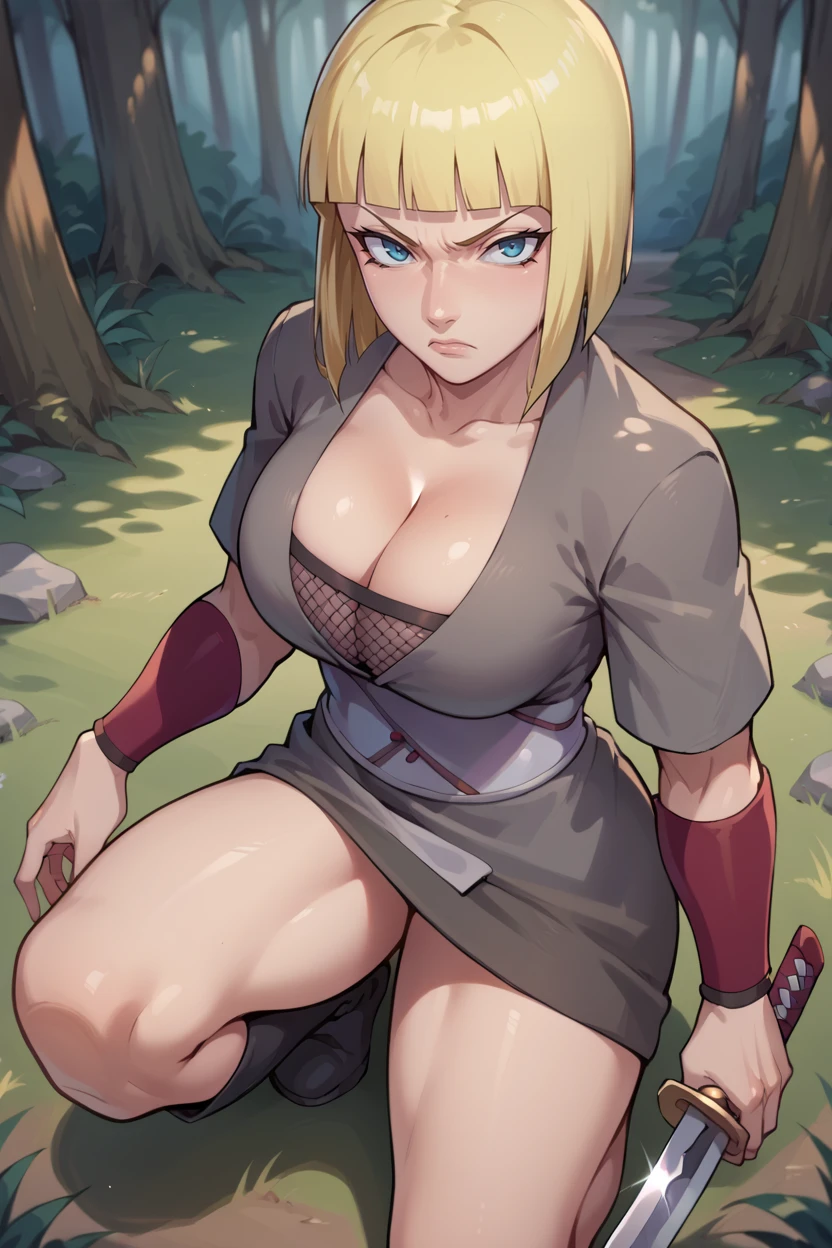 score_9, score_8_up, score_7_up, score_6_up, source_anime BREAK 1girl, <lora:samui-pdxl-nvwls-v1-000005:1> samui, blonde hair, grey kimono, fishnet top, cleavage, vambraces, holding sword, one knee, from above, serious, forest