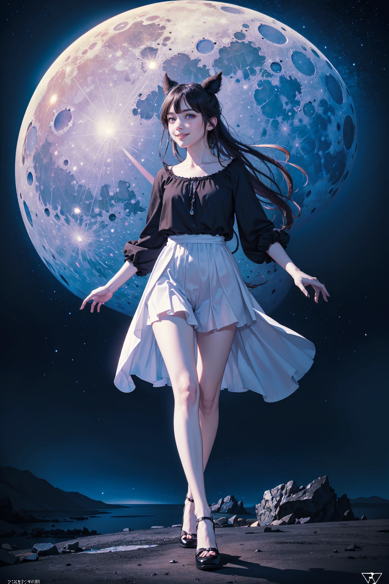 ((best quality, masterpiece, absurbres, super-resolution)) beautiful, movement, alluring. smiling, starry sky, ambience, moon, night sky, colorful lighting, cinematic lighting, neon light glowing, medium shot