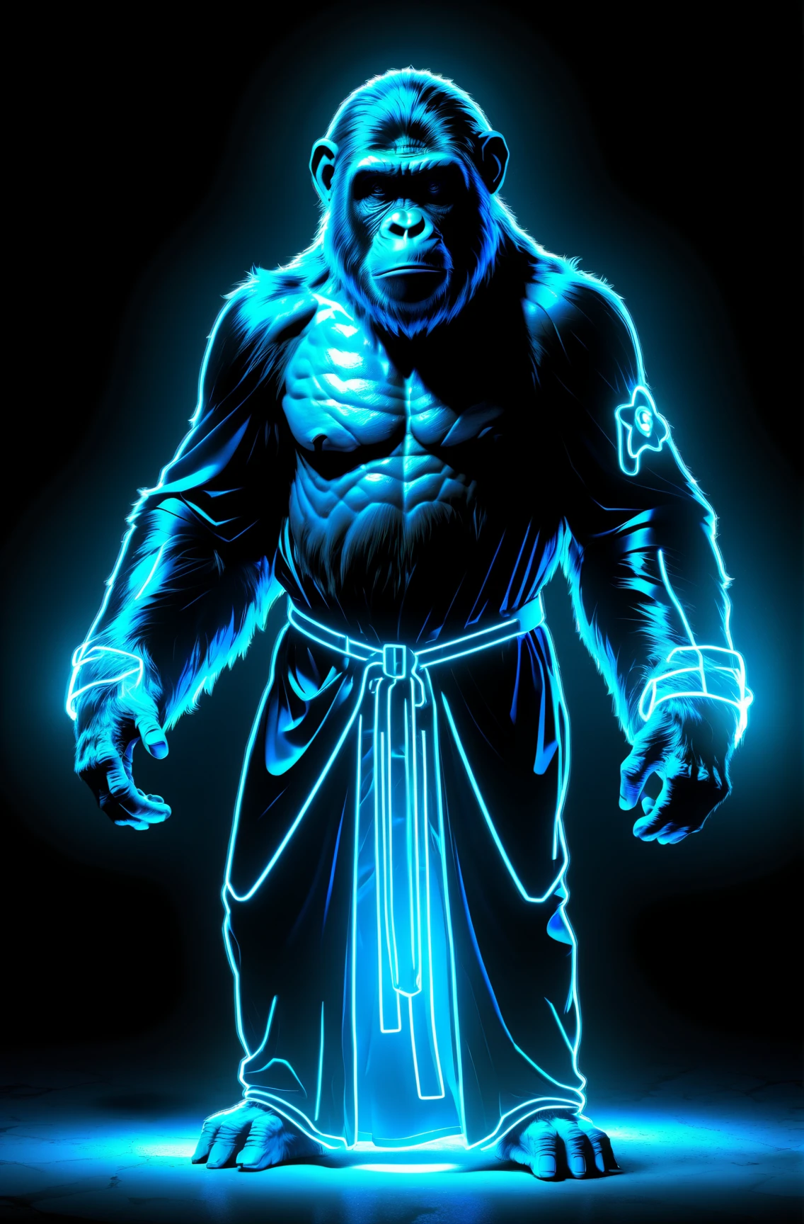 Ape glowing neon blue gown, Realistic style