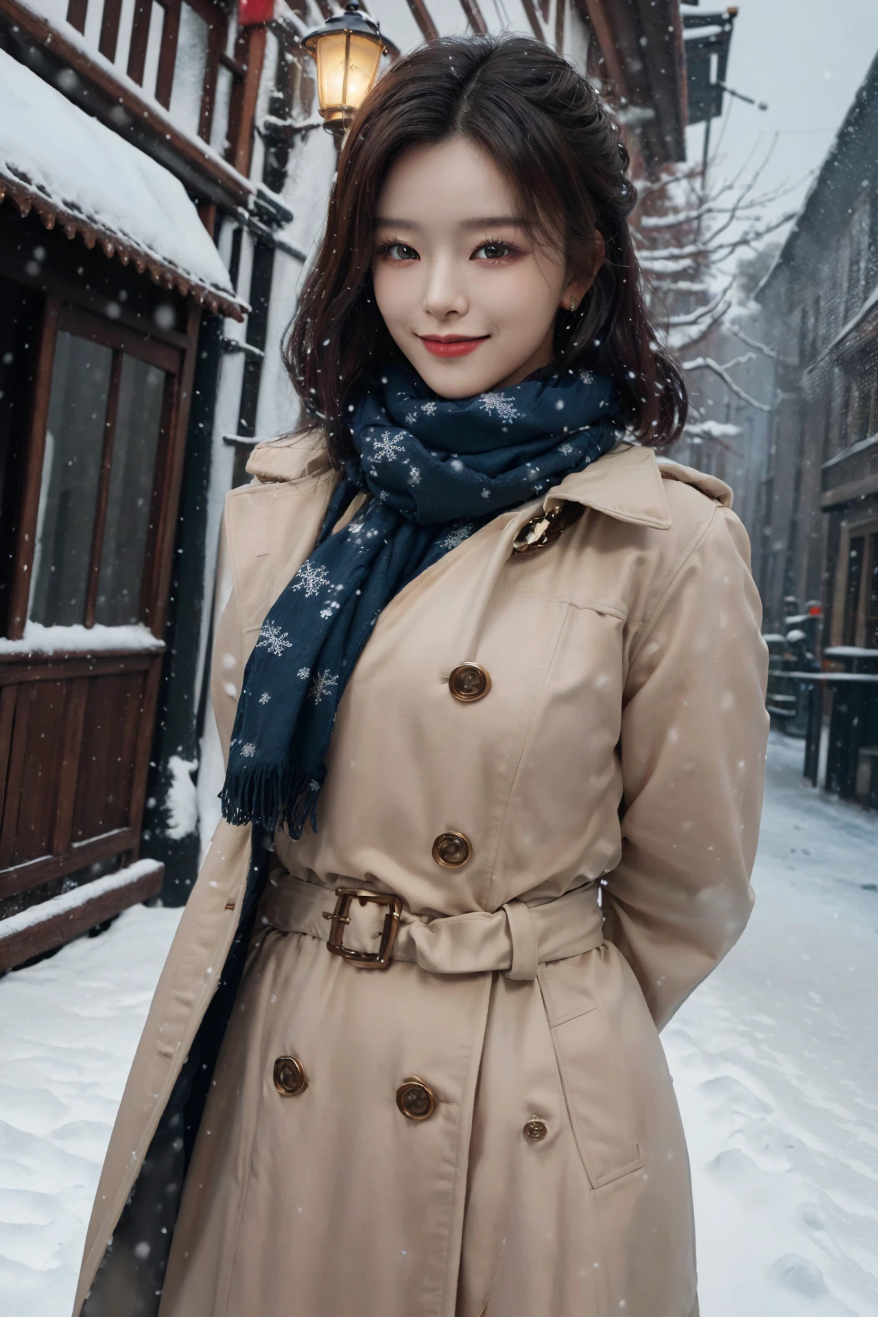(4k, best quality, highres, absurdres, masterpiece:1.21), (realistic:1.331), detailed and intricate,
cinema light, (authentic skin texture:1.3),
1girl, perfect body, medium breasts, shiny skin,
light smile, arms behind back,
scarf, trench_coat,
chinese style architecture, snowing, snowflakes, winter, lamp,
<lora:add_detail:0.3>, <lora:girlslike_wys:0.8>