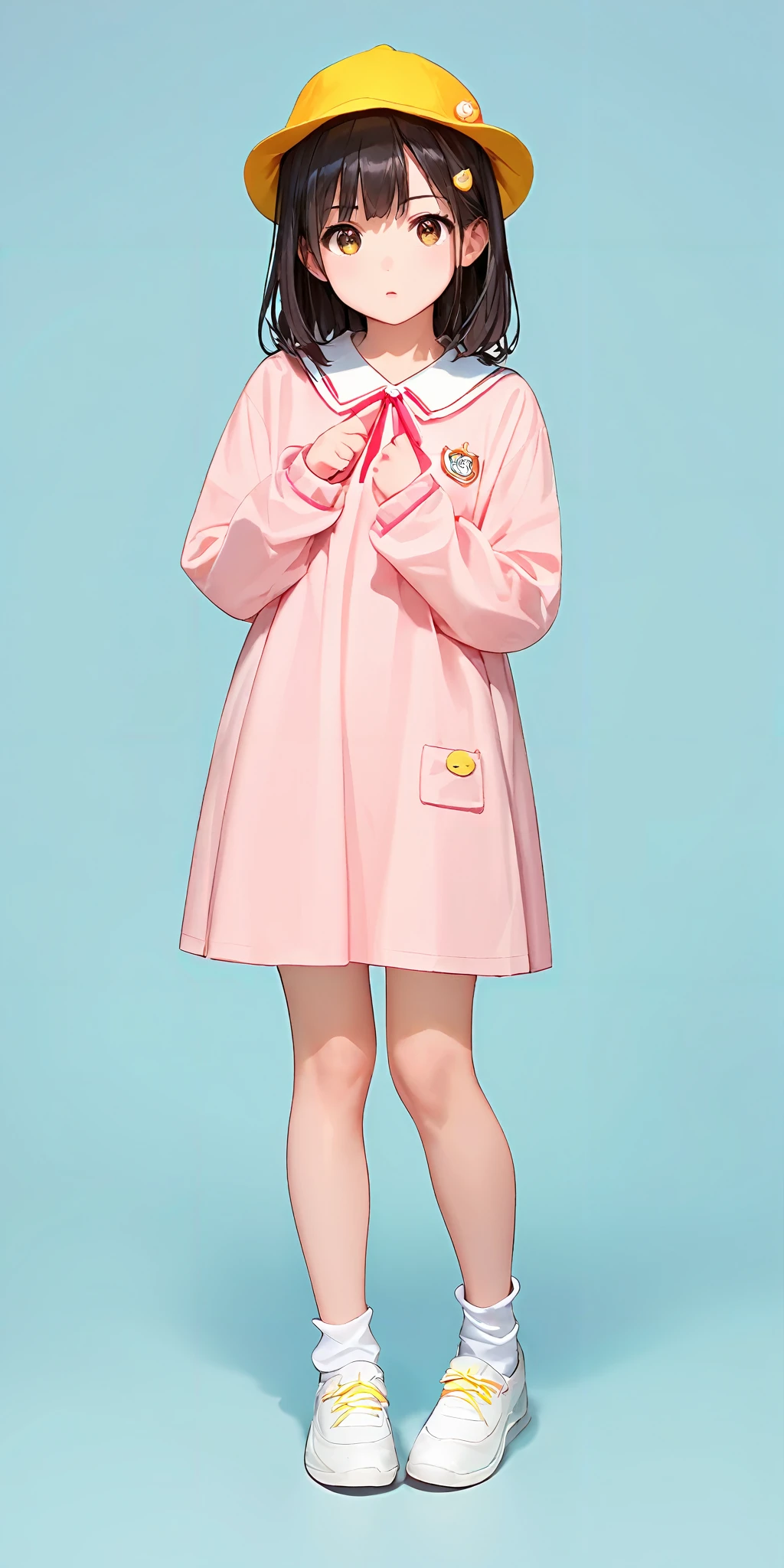 score_9, score_8_up, score_7_up,source_anime, high res image,masterpiece,best quality,girl,cute face,simple background, <lora:youchien_Pony_V1.0:0.8> jyojifuku, pink dress, small yellow school hat,white socks,white shoes