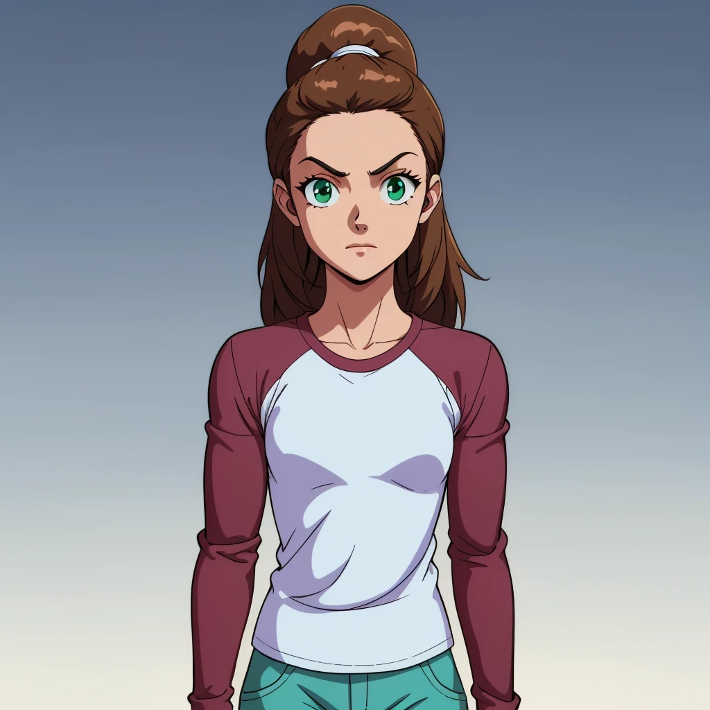 1girl, solo, Diana,  long hair,  brown hair,  long sleeves,  green eyes, shirt, raglan sleeves, blue pants, high ponytail,    <lora:Diana_Lombard_Leaf1:0.8>,  looking at viewer, gradient background,