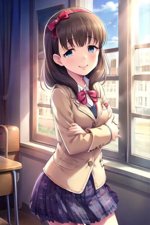 (masterpiece),sakuma mayu, brown hair, blue eyes, 1girl, solo, school uniform, skirt, smile, bow, jacket, looking at viewer, hair bow, blazer, long hair