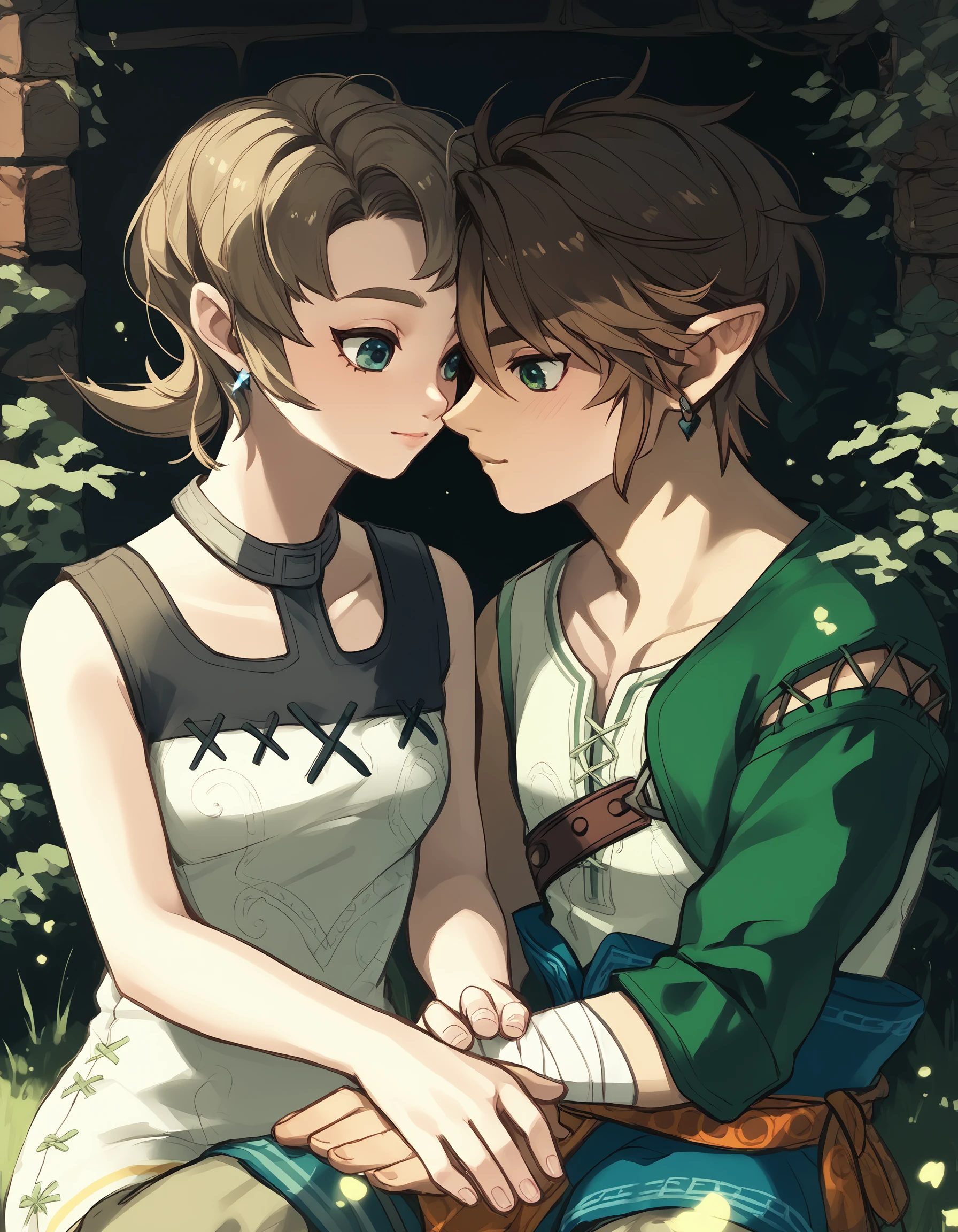 <lora:tp_ordon_link_tprdnlnk_ponyxl_v1-000130:0.9> score_9, score_8_up, score_7_up, score_6_up, couple, 1boy, tprdnlnk, asymmetrical sleeves, blue eyes, <br>
<lora:tp_ilia_tpilia_ponyxl_v1:0.7> score_9, score_8_up, score_7_up, score_6_up, couple, 1girl, tpilia, green eyes, <br>
1girl, 1boy, sitting, couple, light particles, forest, sunset, dusk, upper body, looking at another,