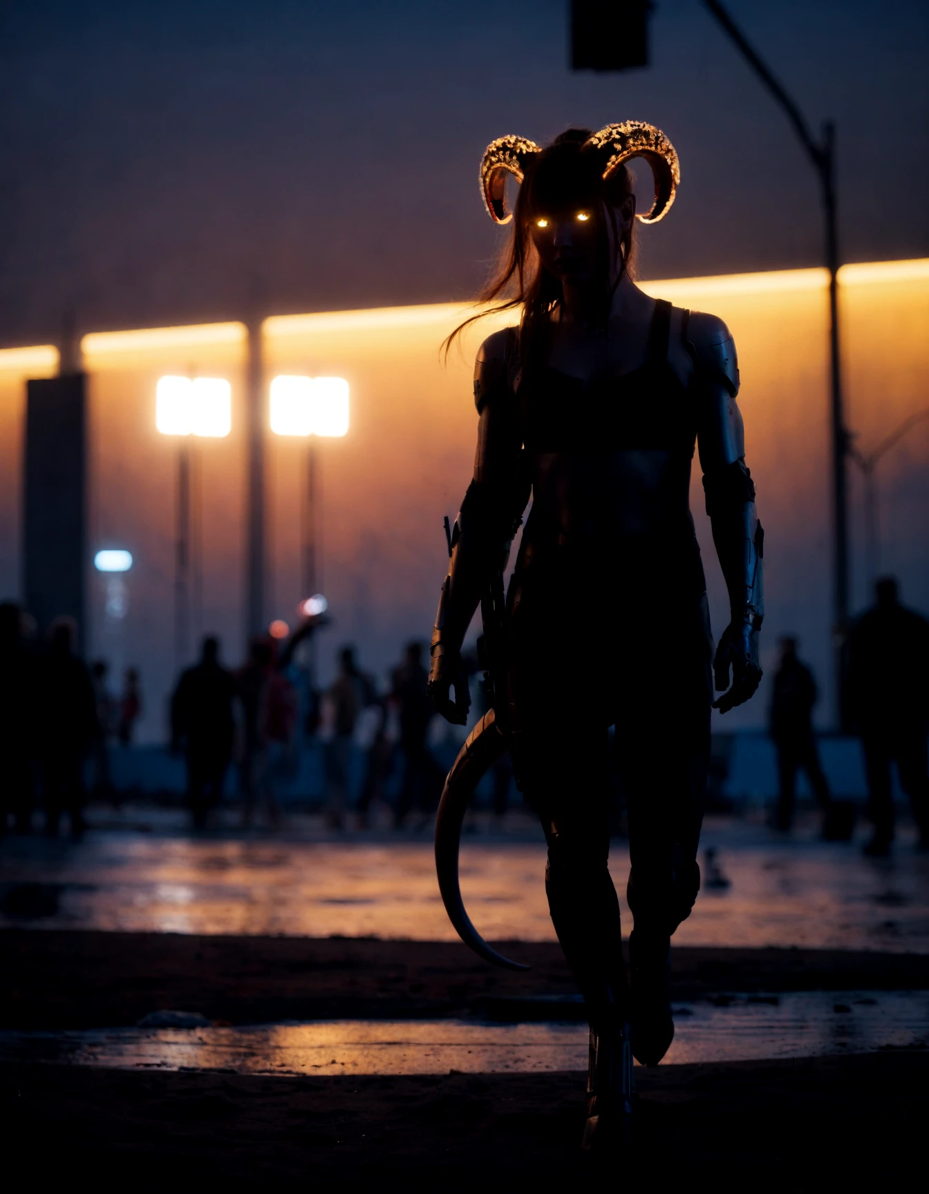 (real life, cinematic:1.5), glowing eyes,
mechanical parts, cyberpunk 2077, cyborg, outdoors, demon, draenei, far shot, full body, hooves,standing, horns, glowing horns, ponytail, bangs, cyberpunk, bright lighting, iridescent glow, mechanical arms, neon, silhouette, realistic, detailed, third quarter shot,1girl, graffiti, jewelry, glowing,, volumetric lighting, depth of field, cinematic, vibrant, shadows, detailed,