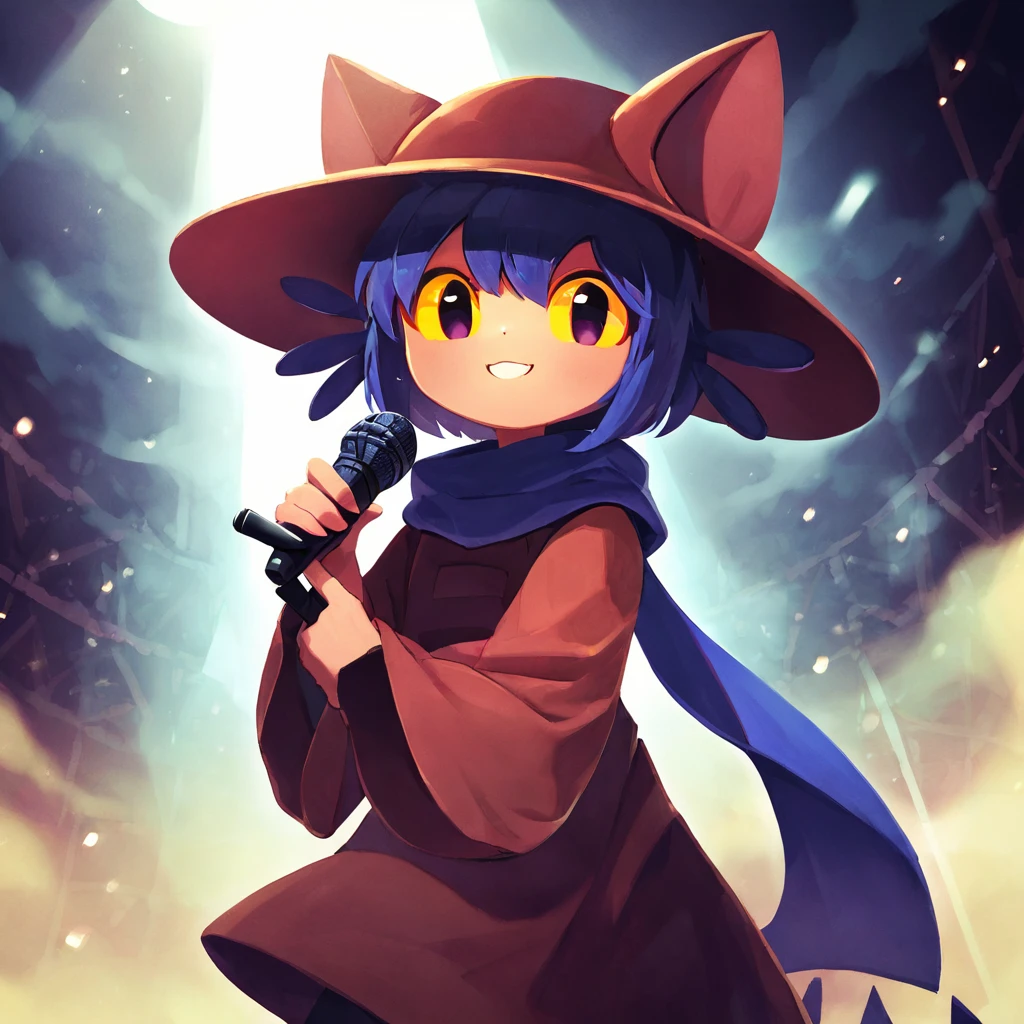 <lora:Niko:1>,1girl,solo,niko \(oneshot\),slit pupils,yellow sclera,cat hat,blue scarf,brown dress,long sleeves,black legwear,looking at viewer,smile,holding microphone,singing,concert stage,spotlight,fog,, (score_9,score_8_up,score_7_up), anime style, beautiful detailed skin, beautiful eyes, detailed face, best quality, high quality,