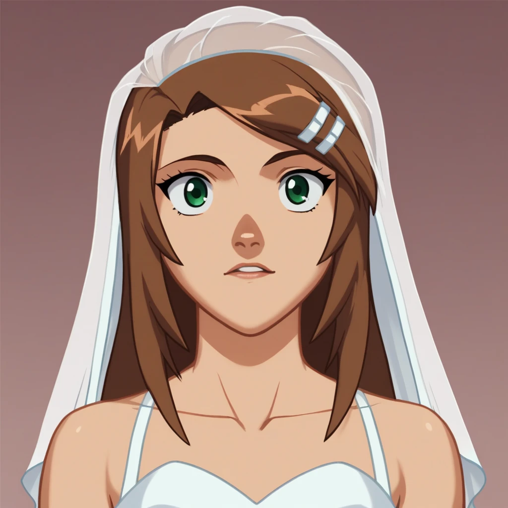 score_9, score_8_up, score_7_up, BREAK, source_anime,  1girl, solo, Diana, long hair, brown hair, green eyes,   hairclip, <lora:Diana_Lombard_XL_Leaf1:1>, bride, white dress, bridal veil,