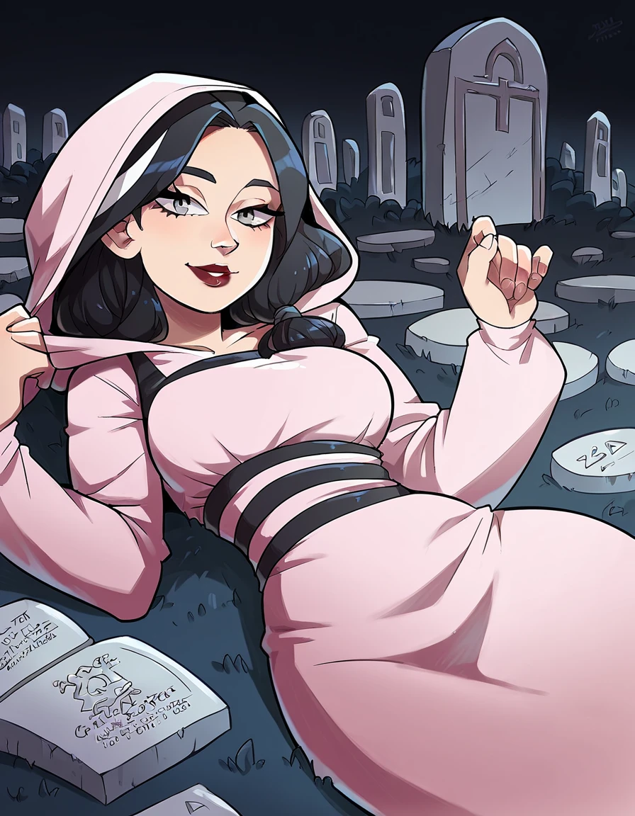 score_9, score_8_up, score_7_up, score_6_up, score_5_up, score_4_up, source_anime, best quality, 1girl, solo, black hair with white streak, lipstick, hud_lly_mnstr, pink dress, long sleeves, hood, <lora:lily_munster-000008:0.8>, looking at viewer, light smile, cemetery, lying, beautiful tombstones, moonlight, pantyshot,