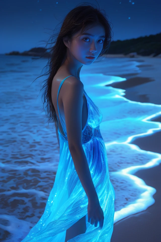 girl looking at viewer,The beach glowed blue,The water glowed blue,standing by the beach at night emitting a blue glow,artistic,
best quality,masterpiece,illustration,Amazing,finely detail,masterpiece,official art,incredibly absurdres,huge filesize,ultra-detailed,highres,extremely detailed,realistic,,<lora:Glowing_beach:0.8>