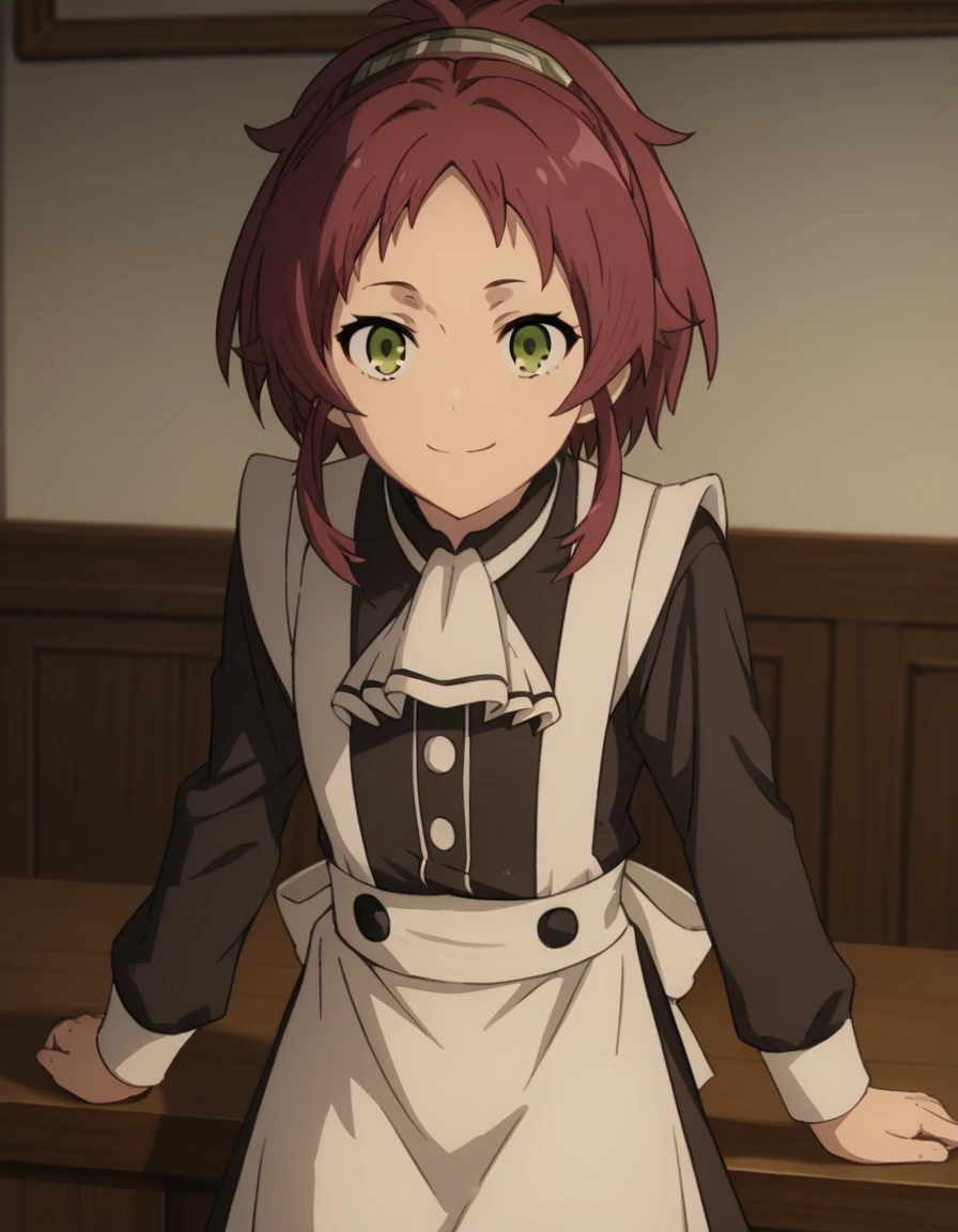 score_9, score_8_up, score_7_up, source_anime,
aishagreyrat, <lora:aisha-greyrat-s2-ponyxl-lora-nochekaiser:1>,
aisha greyrat, green eyes, ponytail, red hair,
long sleeves, apron, maid, ascot, white apron, white ascot,
indoors, bent over, smile,
solo, dutch angle, looking at viewer, cowboy shot,