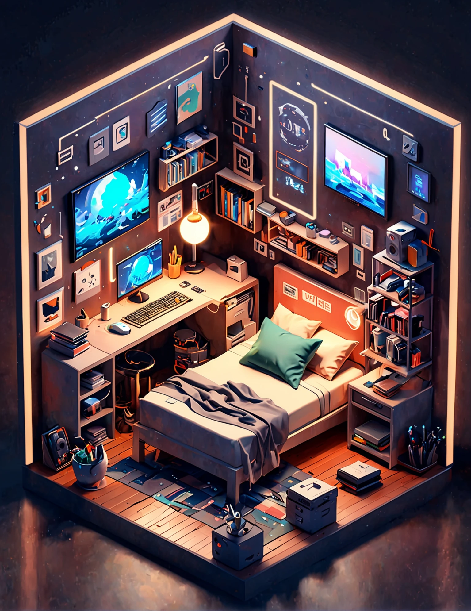 Medium long view 3d art, (Isometric programmer's bedroom:1.3), Cube cutout composition, High-tech workstation, Artistic clutter, (Professional color scheme:1.2), Soft ambient glow, Detailed technology, Cozy bed nook, (Imaginative lighting effects:1.2), Expertly crafted concept, Realistic textures, Futuristic ambiance, Advanced visual effects, trending on ArtStation