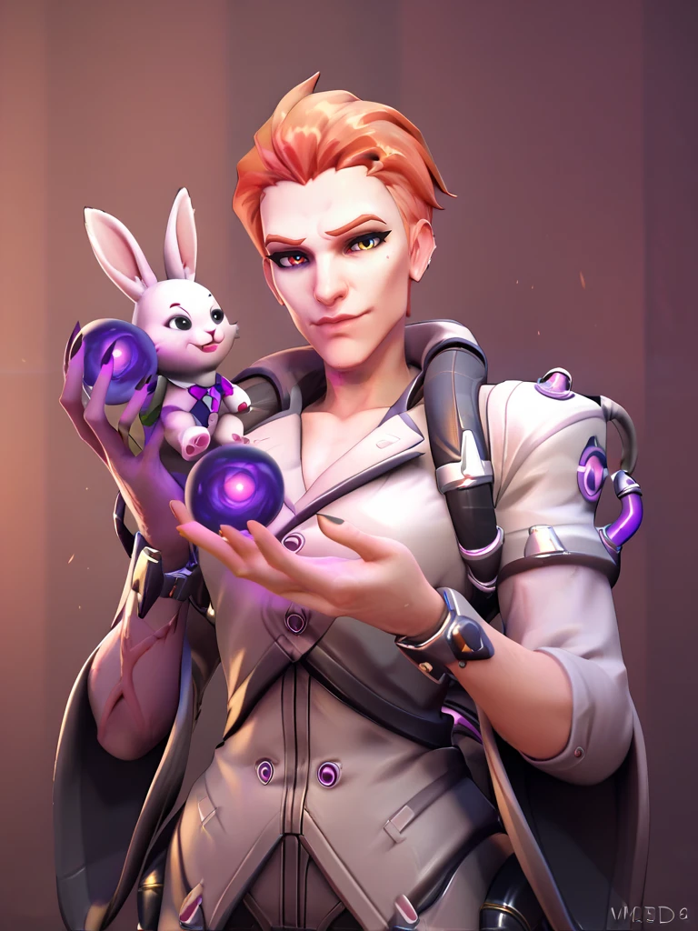 score_9, score_8_up, score_7_up,score_6_up, 2.5d, highly detailed,1girl, medium shot, moiraow2, moira (overwatch) ,heterochromia, purple arm, holding a bunny<lora:MoiraOW2-000035:.8>