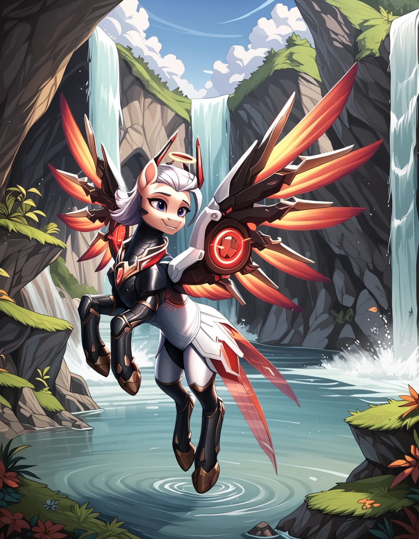 score_9, score_8_up, score_7_up, score_6_up, score_5_up, score_4_up,  
mercy,expressive, full body, pony, feral, cute, beautiful, pretty,armor, glowing wings,halo,(at a waterfall, sea:1.4), highly detailed, intricate details, digital art, perfect anatomy, perfect proportions, 4k,  (dynamic pose:1.1),