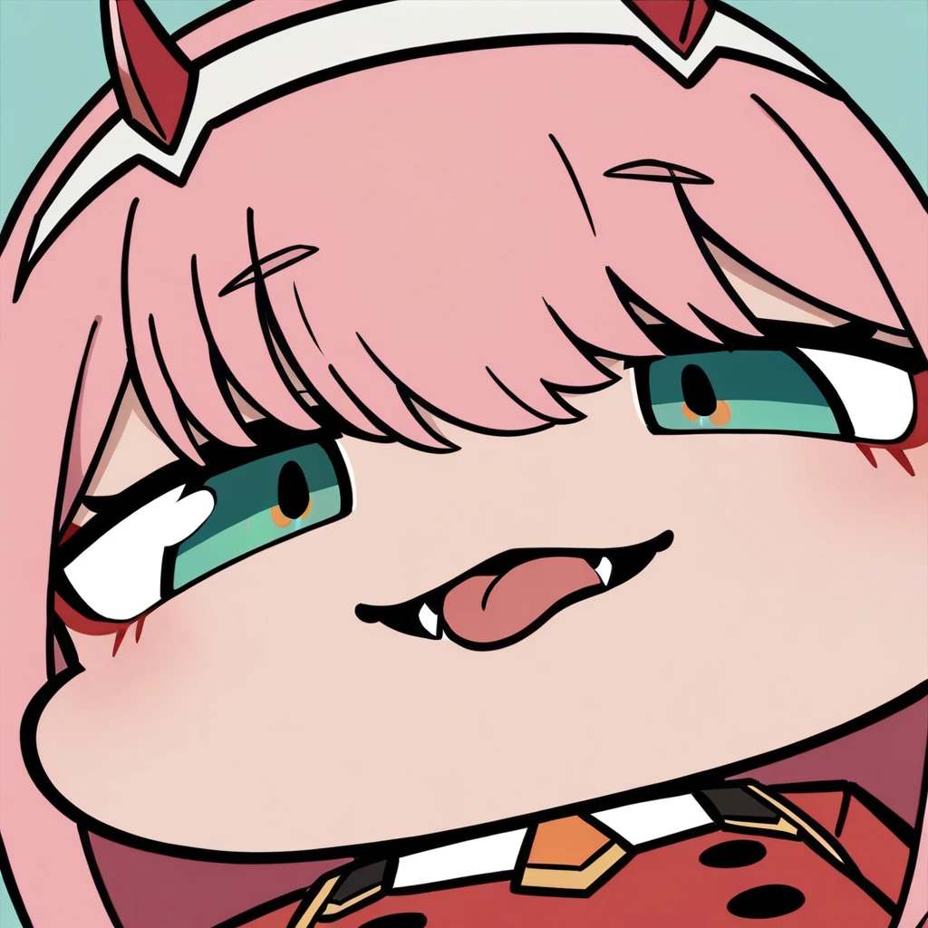 close-up, chibi, smug, (masterpiece),(best quality),1girl, aqua_background, aqua_eyes, blue_background, buttons, double-breasted, fangs, green_eyes, hairband, horns, long_hair, looking_at_viewer, military, military_uniform, necktie, pink_hair, sky, solo, tongue, tongue_out, uniform, white_hairband, zero_two_\(darling_in_the_franxx\)