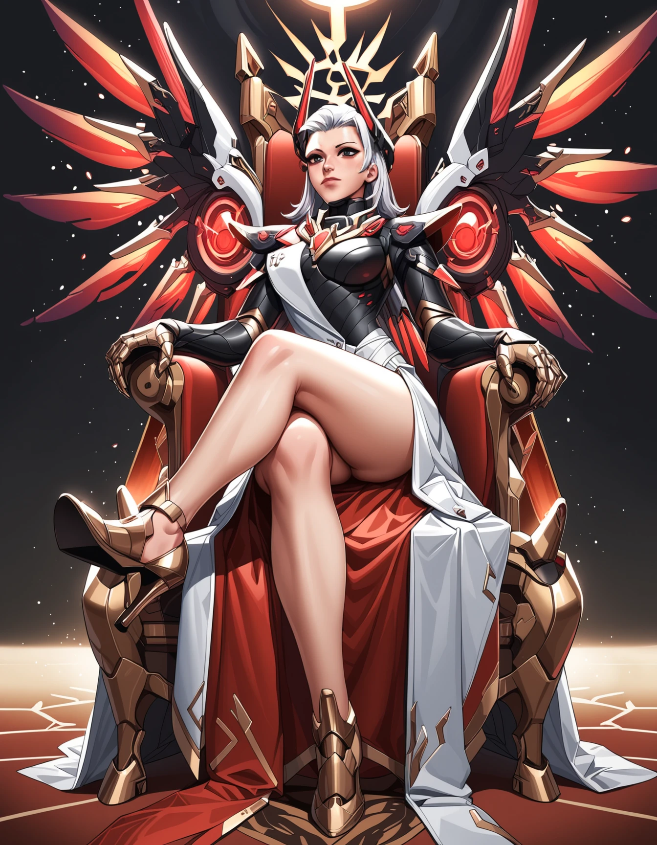 score_9, score_8_up, score_7_up, score_6_up, score_5_up, score_4_up,  
mercy, white armor, glowing mechanical black red wings,halo, 1girl, silver hair, golden goddess, sun goddess, sitting on red throne, legs, legs crossed, high heels, full body, long hair, curly hair, ornate white dress, white fur, black theme, black background, (golden tiara:1.2)  ,concept art, realistic  