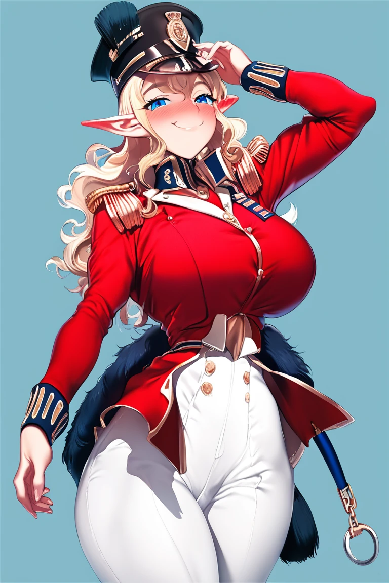 score_9,score_8_up,score_7_up,artbook,game cg,1girl,solo,military_uniform,uniform,standing,hat,epaulettes,military,white_pants,red_jacket,white pants,((18cera, bicorne, wide bicorne,)) regiment of foot,redcoat,blonde long wavy hair,blue eyes,smug,full-face blush,(( large breasts, huge breasts, wide hips, narrow waist,)) elf,pointy ears,<lora:redcoatXLv1:1>,<lora:Koume_Keito_PonyXL_dim32:0.8:lbw=0.8,0,0,0,0,0,0.8,0.8,0.8,0.8,0.8,0.75>,