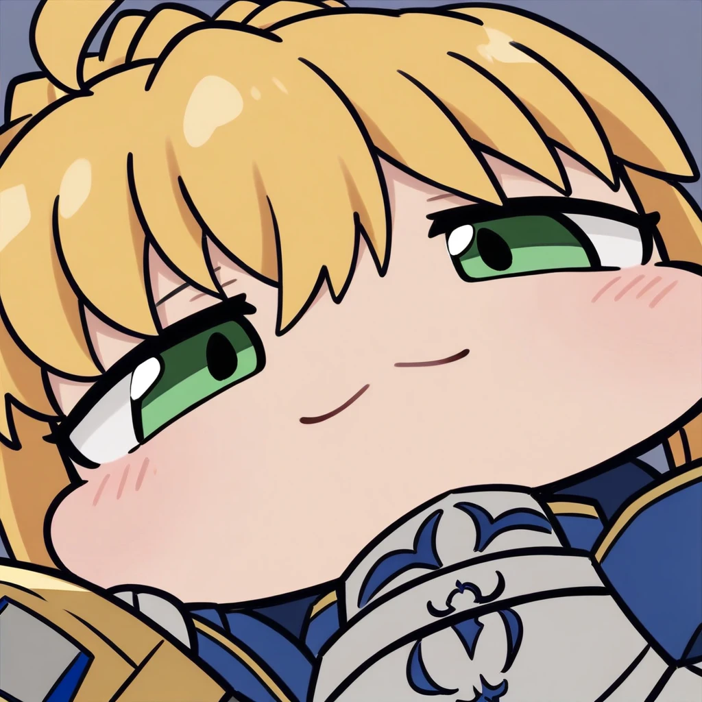 close-up, chibi, smug, (masterpiece),(best quality),1girl, artoria pendragon \(fate\), solo, saber, blonde hair, weapon, holding sword, armor, ahoge, green eyes, dress, armored dress, gauntlets, excalibur \(fate/stay night\)