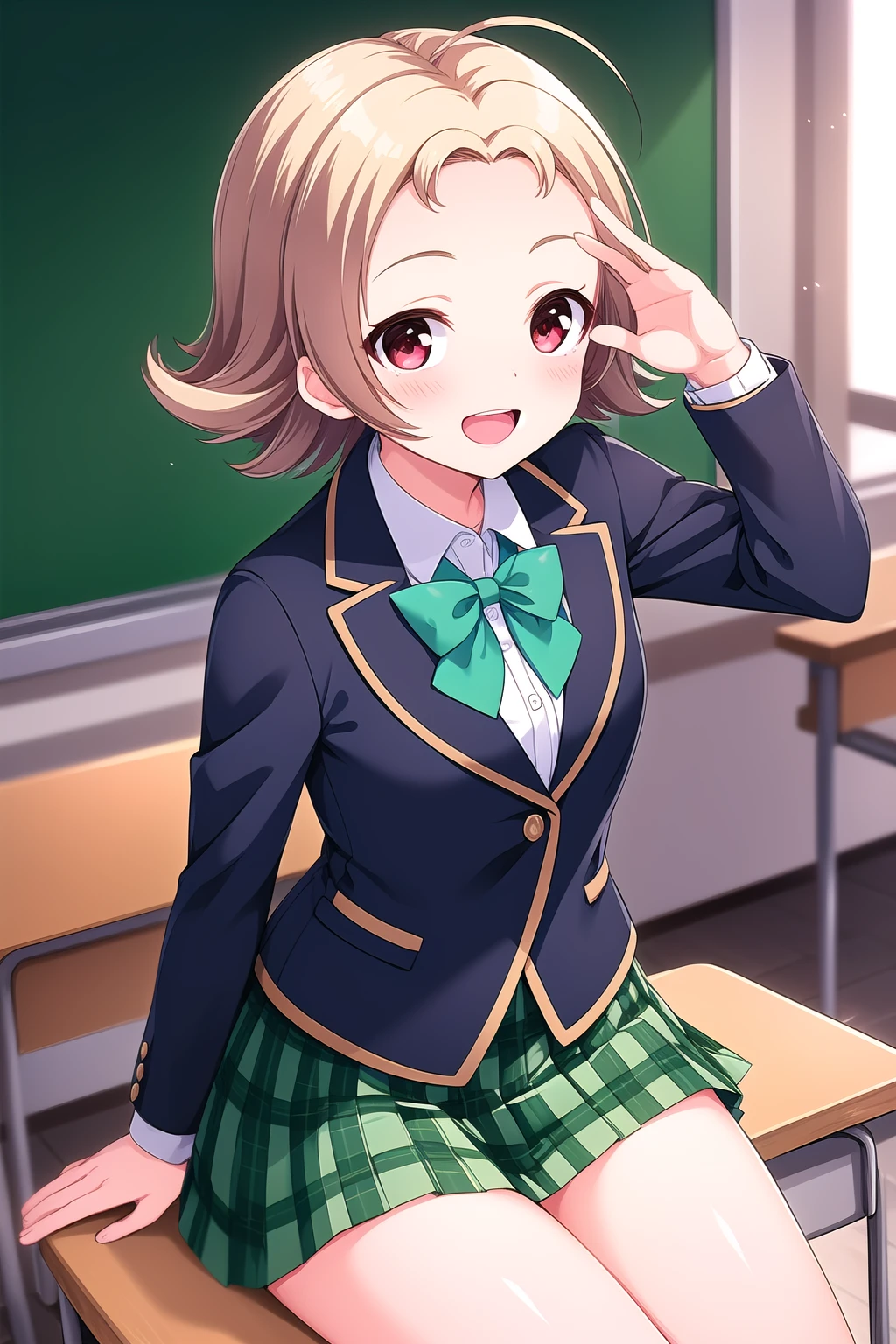 (masterpiece, best quality), highly detailed background, perfect lightingbest quality, narusemanami, solo, indoors, classroom, blonde hair, ahoge, parted bangs, forehead, flipped hair, short hair, red eyes, medium breasts, blue jacket, blazer, green bowtie, white shirt, green skirt, plaid skirt, school uniform, smile, open mouth, :d, pink lips, <lora:Naruse-Manami:0.7>