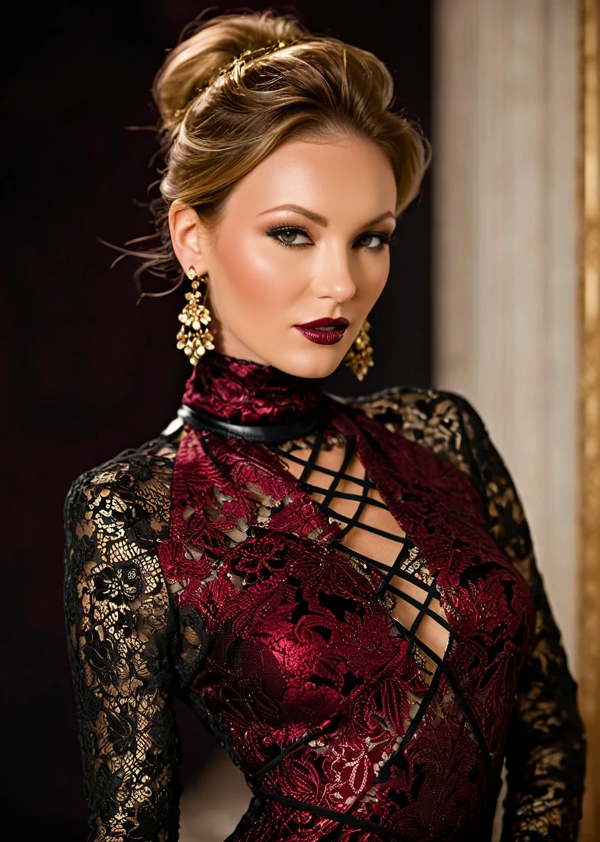 glamorous photo of a captivating masterpiece of an woman in a (((criss-cross neckholder dress with turtleneck))) ,long earrings, necklace, full body, The intricate lace and gold details exude a very rebellious aura. ((The use of high-shine gloss adds a touch of glamour to the look)), ((while the deep red and black hues give it a dramatic vibe)), blurred background, studio ligthing, facing camera, shallow depth of field, <lora:MS_Kimberly_Phillips_V1_SDXL:0.8>, high fashion, luxurious, extravagant, stylish, sensual, opulent, elegance, stunning beauty, professional, high contrast, detailed,