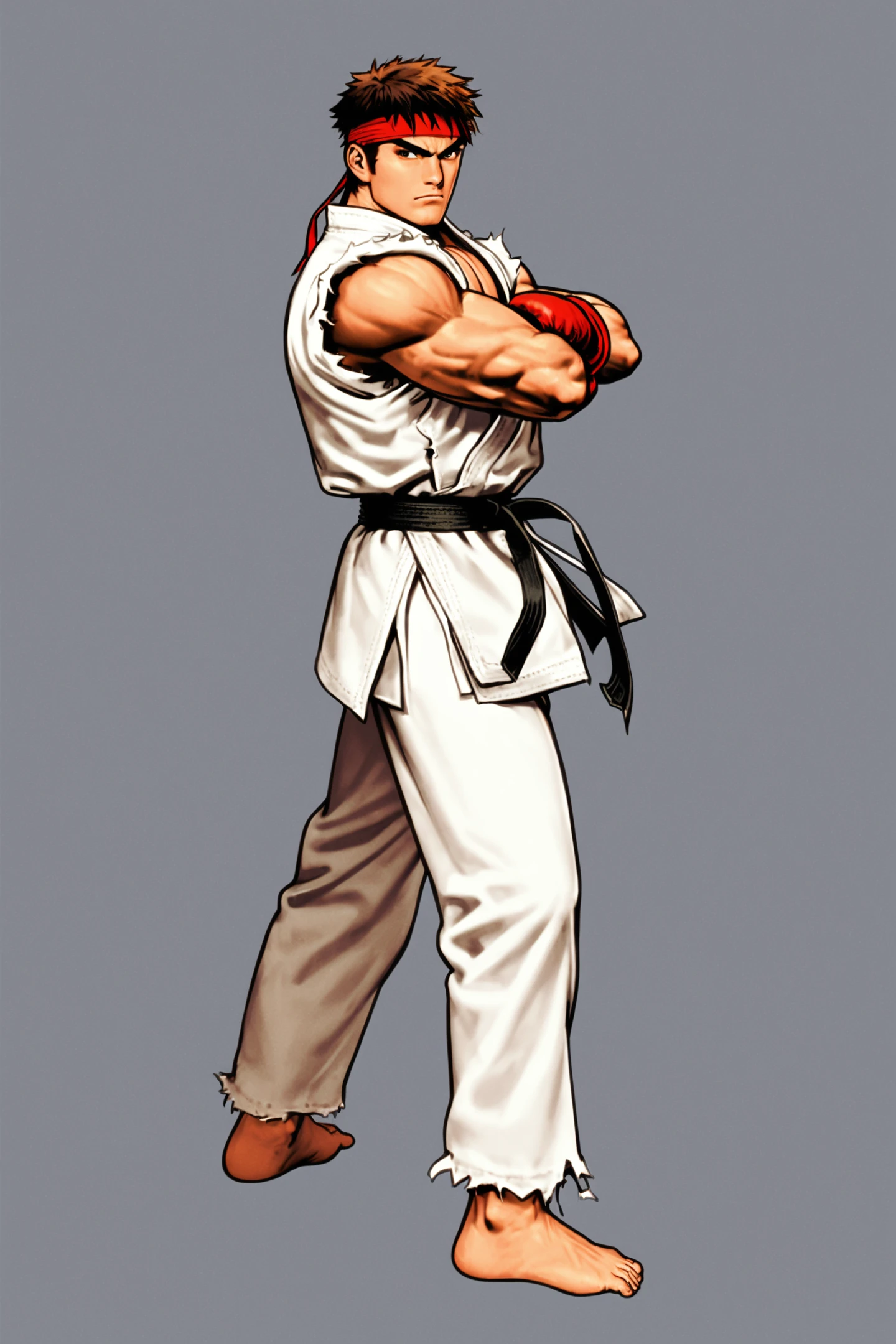1boy,ryu,ryu (street fighter),white dougi,solo,male focus,headband,barefoot,gloves,brown hair,fingerless gloves,torn clothes,muscular,pectorals,martial arts belt,crossed arms,<lora:shinkiro_XL:0.8>,