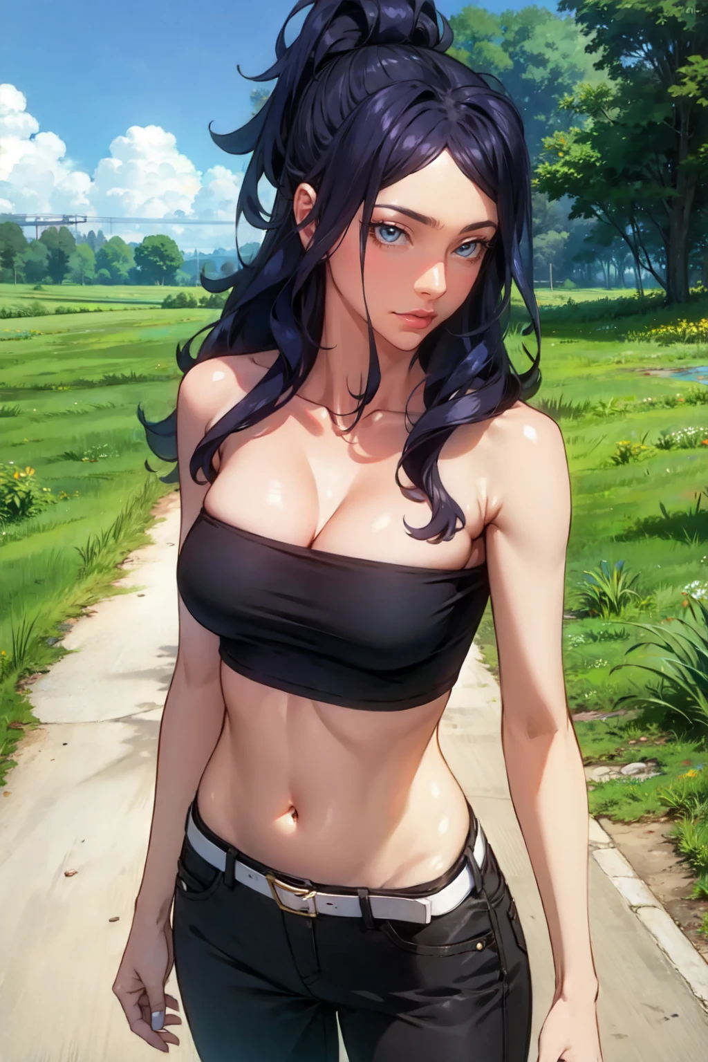 <lora:Ano_Natsu_de_Matteru__Manami_Ogura:0.8> manami ogura, ponytail, half updo, black hair, long hair, blue eyes,red lips,(black tube top,belt,black pants),outdoors