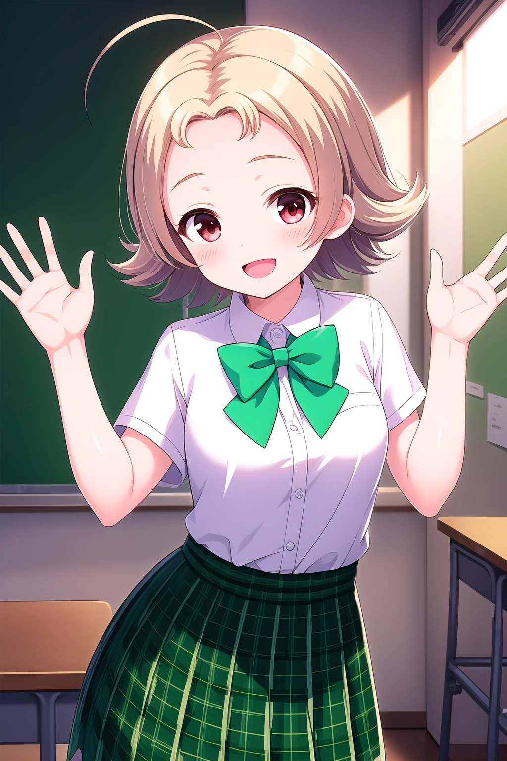 (masterpiece, best quality), highly detailed background, perfect lightingbest quality, narusemanami, solo, indoors, classroom, blonde hair, ahoge, parted bangs, forehead, flipped hair, short hair, red eyes, medium breasts, green bowtie, white shirt, short sleeves, green skirt, plaid skirt, school uniform, smile, open mouth, :d, pink lips, <lora:Naruse-Manami:0.7>
