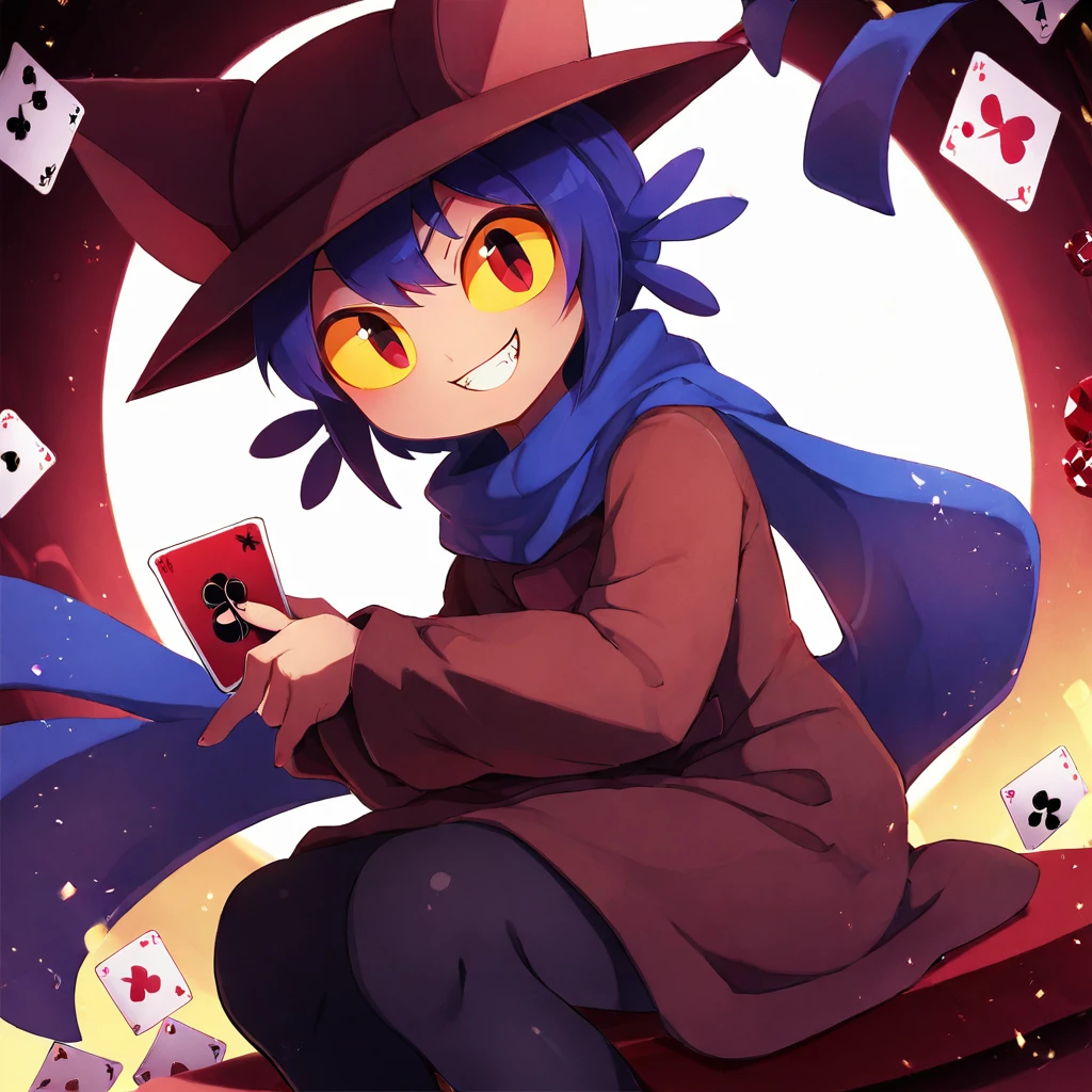 <lora:Niko:1>,1girl,solo,niko \(oneshot\),slit pupils,yellow sclera,cat hat,blue scarf,brown dress,long sleeves,black legwear,looking at viewer,evil grin,holding playing card, casino, blackjack table,, (score_9,score_8_up,score_7_up), anime style, beautiful detailed skin, beautiful eyes, detailed face, best quality, high quality,