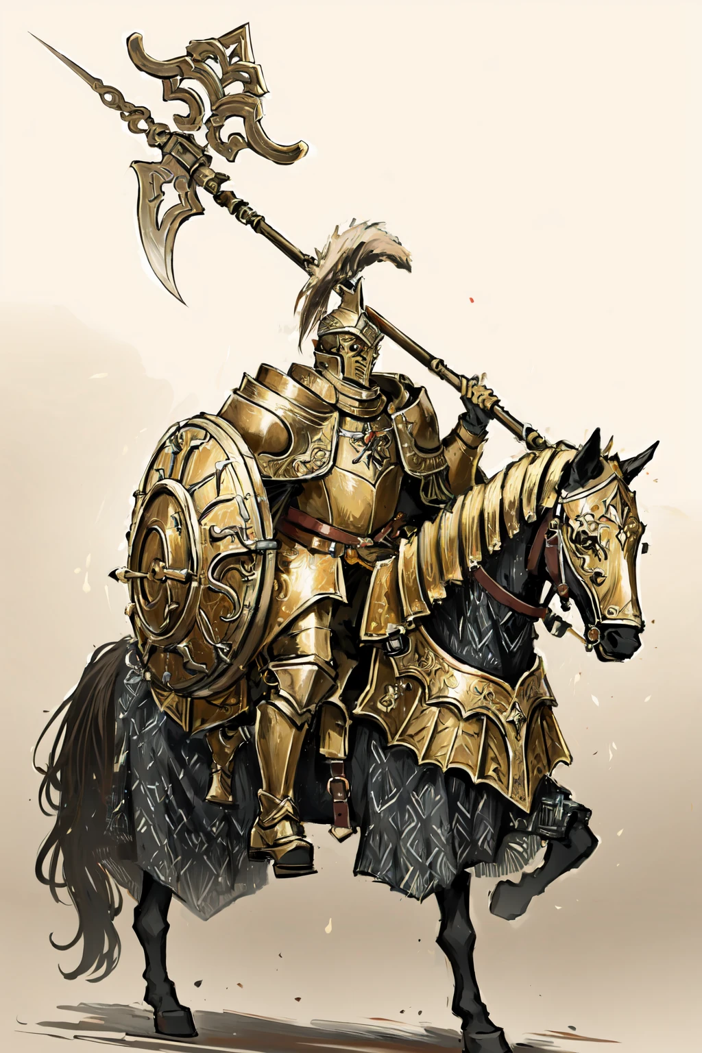 <lora:TreeSentinel1.0:0.7>,faceless,helmet,
full armor,cape,gauntlets,huge shield,polearm,holding polearm,holding halberd,
(riding:1.2),(horse:1.2),single horn,walking,
full body,oil painting,gradient background,beige background,from side,
(masterpiece:1,2),best quality,masterpiece,highres,original,extremely detailed wallpaper,absurdres,deta,
perfect lighting,(extremely detailed CG:1.2),detailed face,beautiful face,(detailed eyes, deep eyes),