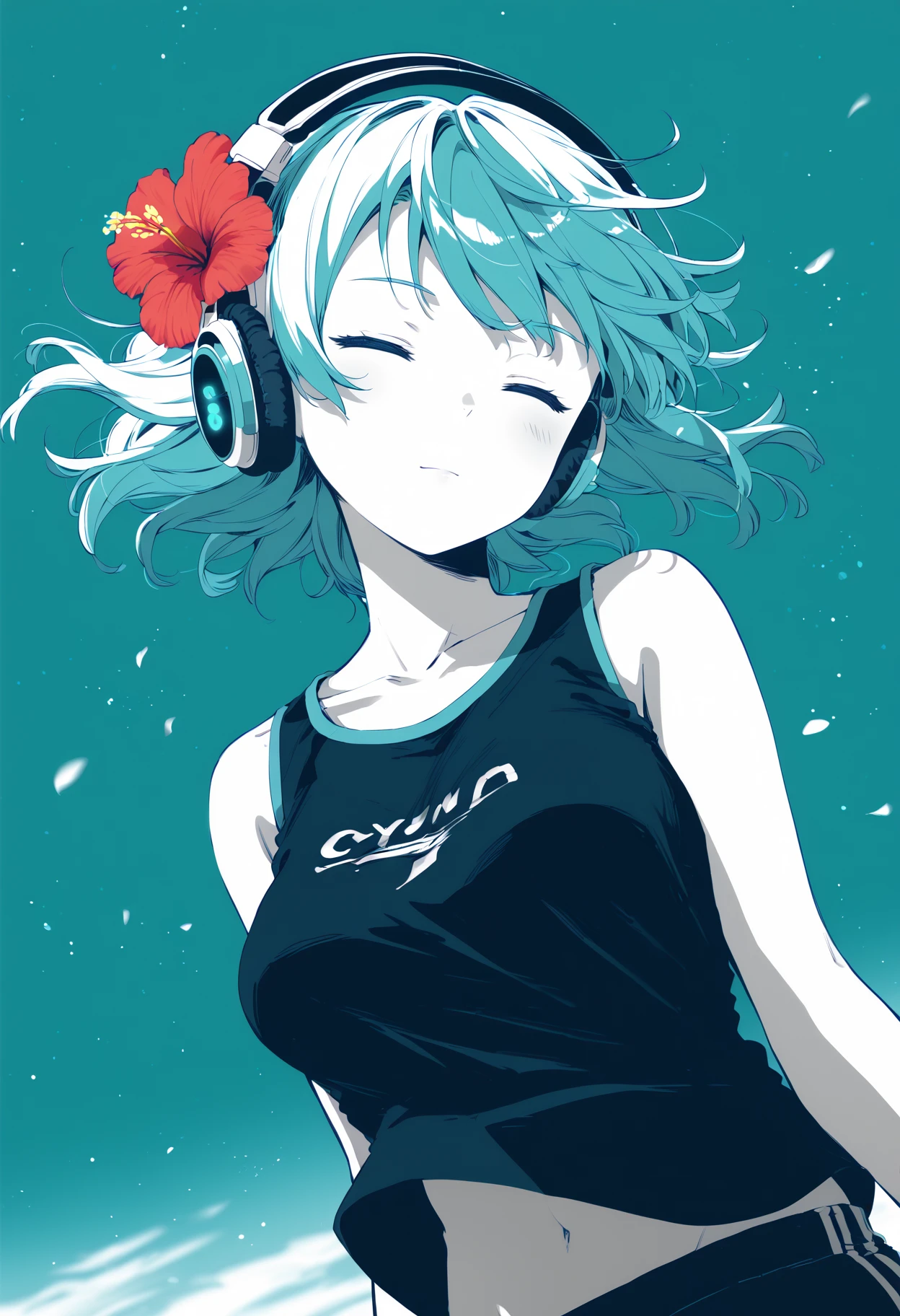 score_9, score_8_up, score_7_up, score_6_up, score_5_up, score_4_up, source_anime, (flat color, lineart, cyan background:1.5),
1girl, solo, hibiscus hair ornament, sleeveless, headphones, medium breasts, head tilt, closed eyes, t-shirt, (navel:0.7),
blurry background, (cloud:0.7), wind, light particles, frlm grain, (monochrome, greyscale, dutch angle:1.2),
best quality, high quality, highres, (ultra-detailed:1.2)