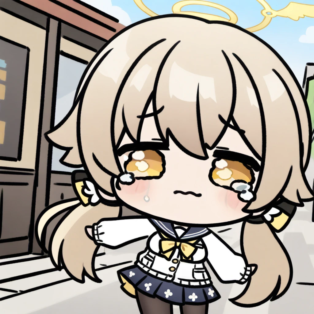 crying,chibi,(masterpiece, best quality),1girl,solo,long hair,blue eyes,in_summer,(middle_breasts:1.1), hifumi-default,hifumi \(blue archive\),(yellow eyes:1.3),light brown hair,long hair,low twintails,halo,school uniform,blue sailor collar,white cardigan,pleated skirt,black pantyhose,sneakers ,holding_phone,outdoors,walking on street,looking to the side,standing_split,dutch angle,smiling,