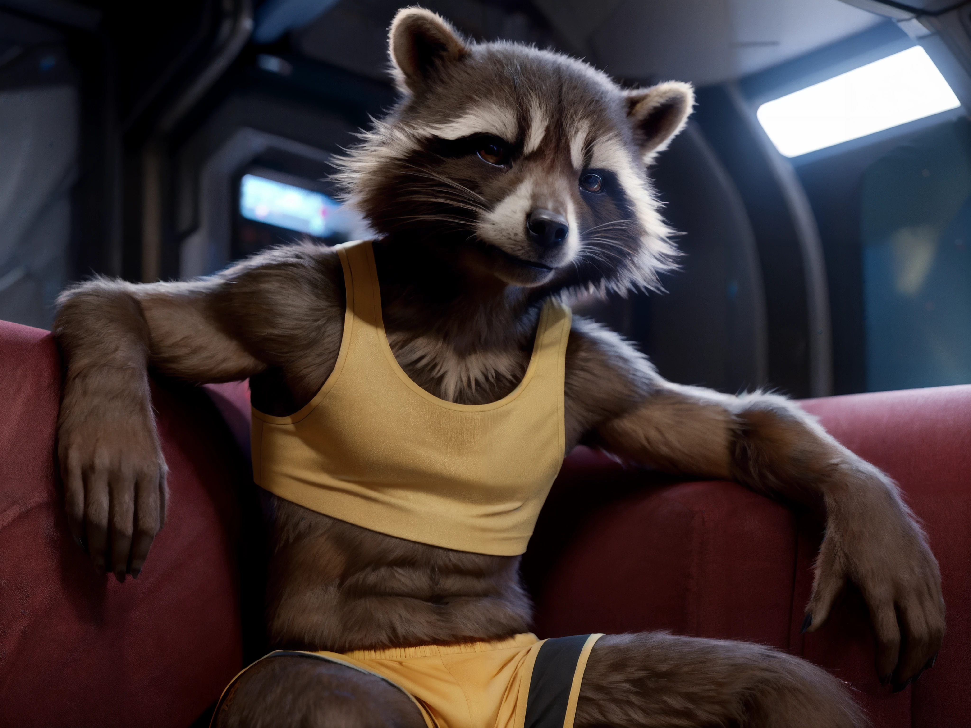 rocket raccoon, detailed fur, movie still, detailed background, sitting on a couch, (cute pose:1.3), spaceship interior background, 5 fingers, dark palms, detailed_background, (photorealism:0.8), detailed fur, subsurface scattering, real life, hyperrealistic, photo, 8k, highly detailed, (naked:1.3), smirking, wearing a crop top t-shirt, crop top shirt, athletic shorts <lora:Rocket Raccoon purrfectmerge:0.8>