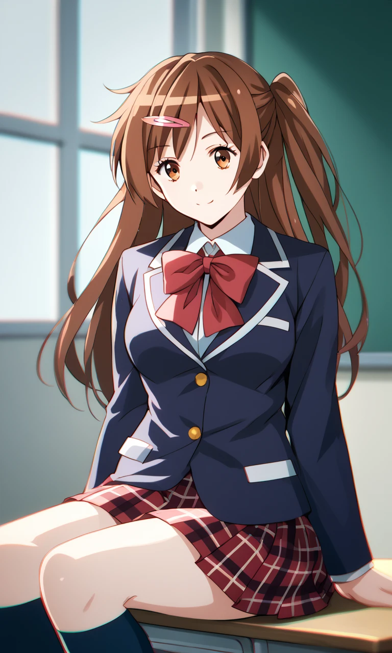 chromatic aberration, realistic lighting, score_9, score_8_up, score_7_up, score_6_up, source_anime, NibuSchool, nibutani shinka, 1girl, icho private high school uniform, cowboy shot, brown hair, hair ornament, long hair, brown eyes, hairclip, jacket, one side up, smile, plaid skirt, blazer, socks, sitting, kneehighs, looking at viewer, indoors  <lora:NibutaniShinka-XL-V1:1>