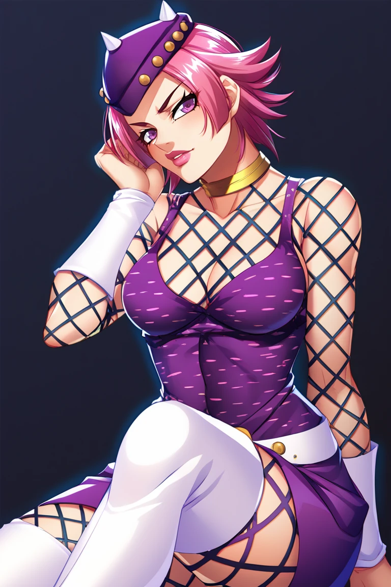 purple eyes, femanasui, score_9, score_8_up, solo, portrait,, hat, gold choker necklace, source_anime, cleavage, lipstick, thighhighs, medium breasts, skirt, femanasui top, score_9_up, source_anime, female, short hair, fishnets, wristband, black background, glance, white boots, thighhigh boots,kagami hirotaka, pink nails, pinup<lora:EMS-372776-EMS:0.700000>, <lora:EMS-342342-EMS:0.800000>