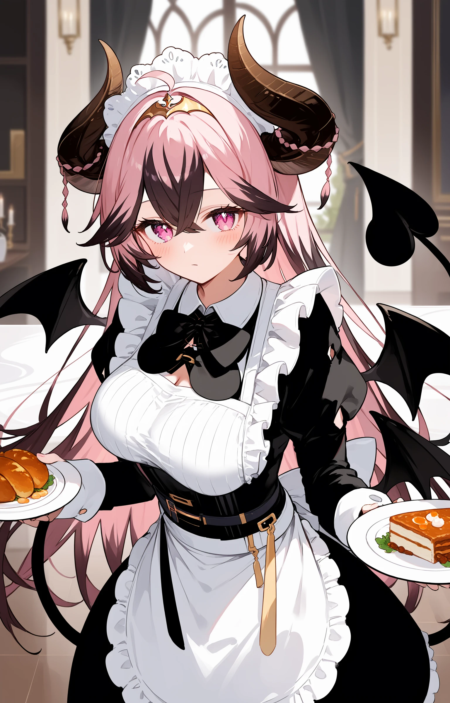 score_9,score_8_up,score_7_up,score_6_up,1girl,horns,solo,breasts,wings,maid,apron,ahoge,botton,(large breasts:1.1),long hair,multicolored hair,pink hair,maid headdress,tiara,tail,long sleeves,black hair,puffy sleeves,blush,dress,pink eyes,maid apron,demon girl,bangs,closed mouth,bowtie,two-tone hair,frills,hair between eyes,frilled apron,purple eyes,streaked hair,standing,very long hair,back bow,corset,luxurious house,plate,a hand holding the plate,<lora:DemonMadV1:1>,