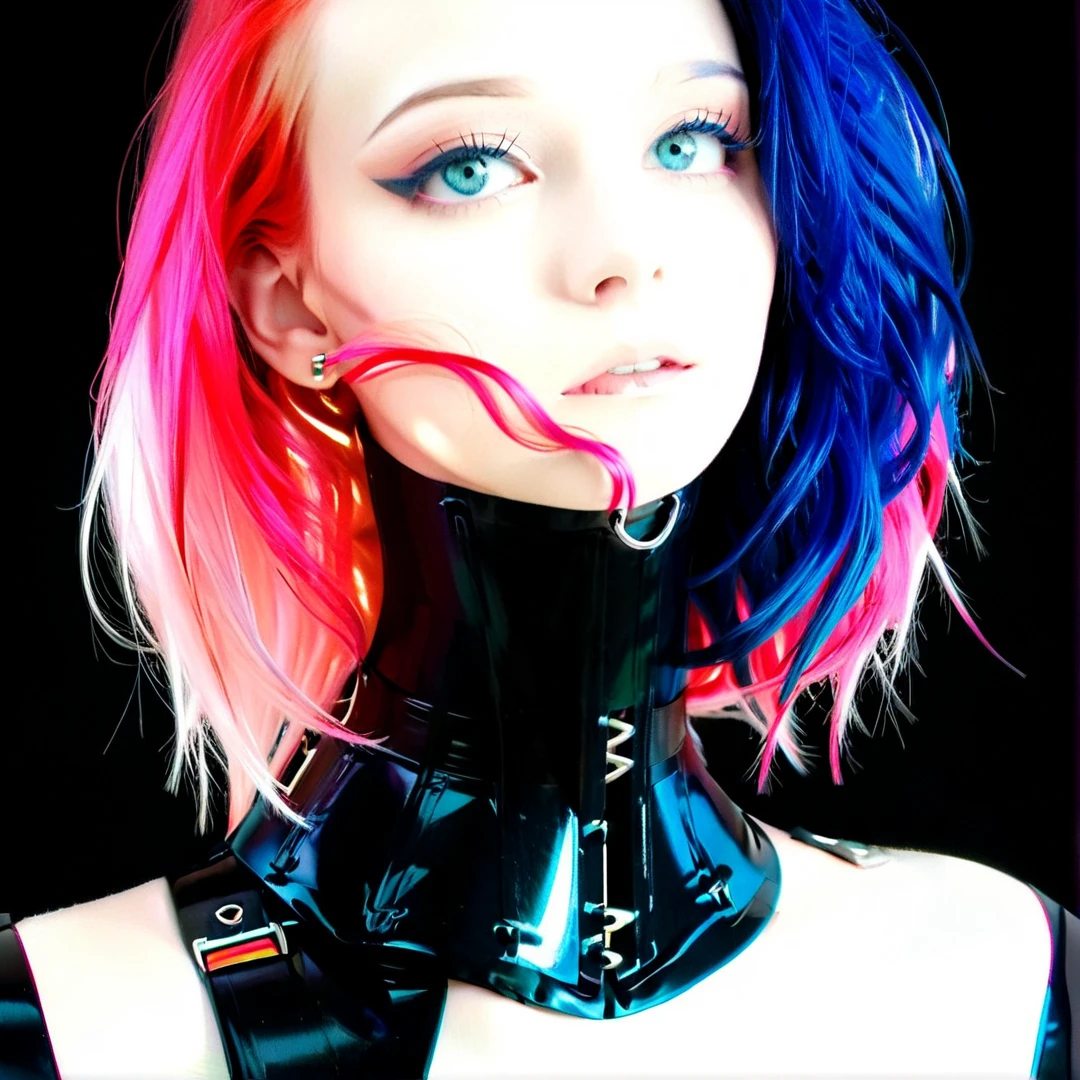 <lora:neckcorset_v2:0.55> pale skinned young emo goth girl with multicolored hair and blue eyes, latex clothes, (neckcorset:1.5), close-up face,, Masterpiece;highly detailed; extreme,octane render, zbrush, blender, 3d,post-processing,HDR; lightning; volumetric; cinematic; ray tracing; RTX;radiant light rays,subsurface scattering,soft edge lighting,realistic shadows;vibrant colors,high-res, 8k,16k,32k,Playful shadows dance across her face,, <lora:add-detail-xl:2>