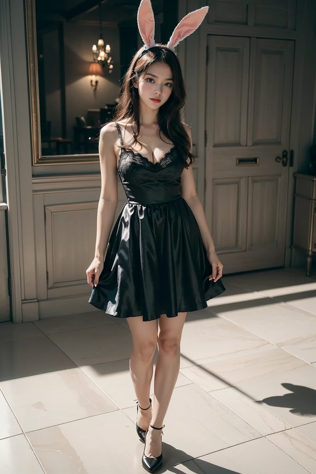 (8K、original photo、best quality、masterpiece:1.2)、(Practical、Practical)、1 girl、18 years old((Black and white dress、transparent、boots、break out、Large Breasts、Front view、Cute outfits、))