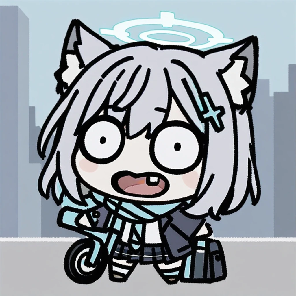 (chibi),full_body,masterpiece, best quality, 1girl, bicycle, shiroko \(blue archive\), animal ears, skirt, solo, scarf, ground vehicle, white shirt, shirt, single glove, jacket, plaid skirt, hair ornament, looking at viewer, halo, blue scarf, animal ear fluff, outdoors, bag, plaid, school uniform, blue eyes, open jacket, building, open clothes, socks, grey hair, long sleeves, gloves, cross hair ornament, assault rifle, shoes, open mouth, pleated skirt, necktie, city, white socks, sneakers, bangs, blue necktie, blazer, lamppost, mismatched pupils, id card, sig sauer, medium hair, rifle, kneehighs, extra ears, school bag, cat ears, striped scarf, blue jacket, green gloves, striped, thighs