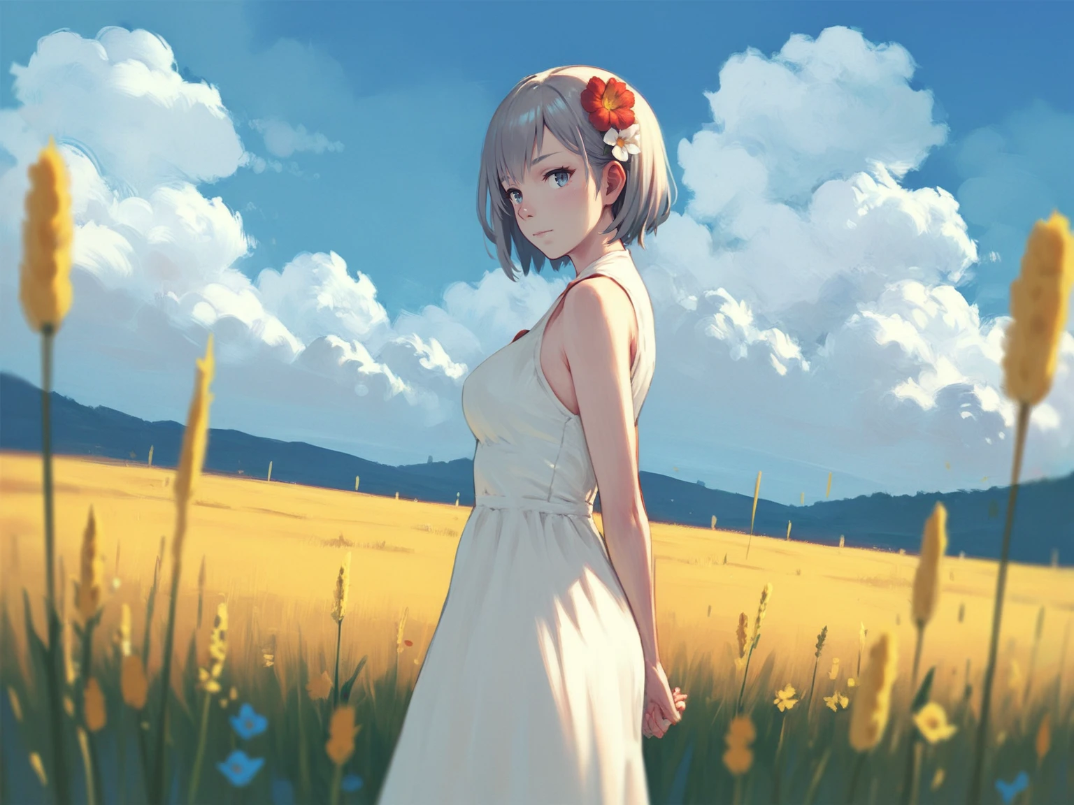 1girl arms_behind_back blue_sky breasts closed_mouth cloud cumulonimbus_cloud day dress field flower flower_field from_side grey_hair hair_over_one_eye looking_at_viewer medium_breasts outdoors red_flower scenery short_hair signature sky sleeveless sleeveless_dress solo standing, <lora:Murano:0.8>, score_9, score_8_up, score_7_up