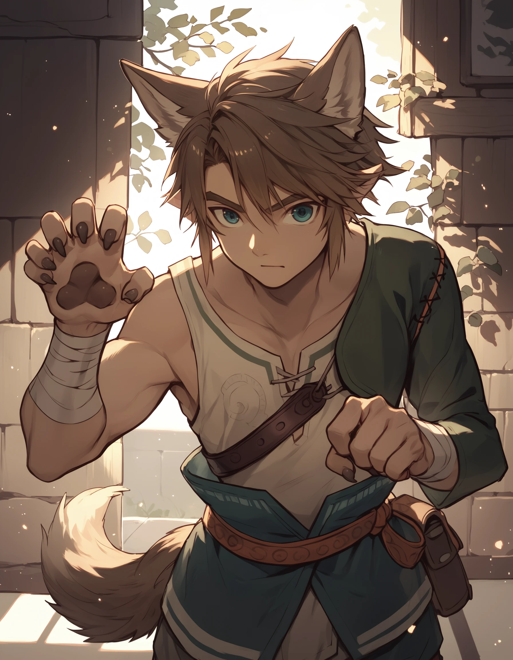 score_9, score_8_up, score_7_up, score_8, score_7, 1boy, tprdnlnk, asymmetrical sleeves, wolf boy, wolf ears, wolf tail, black fur, paw pose,
sunlight, light particles,
<lora:tp_ordon_link_tprdnlnk_ponyxl_v1-000130:0.9>