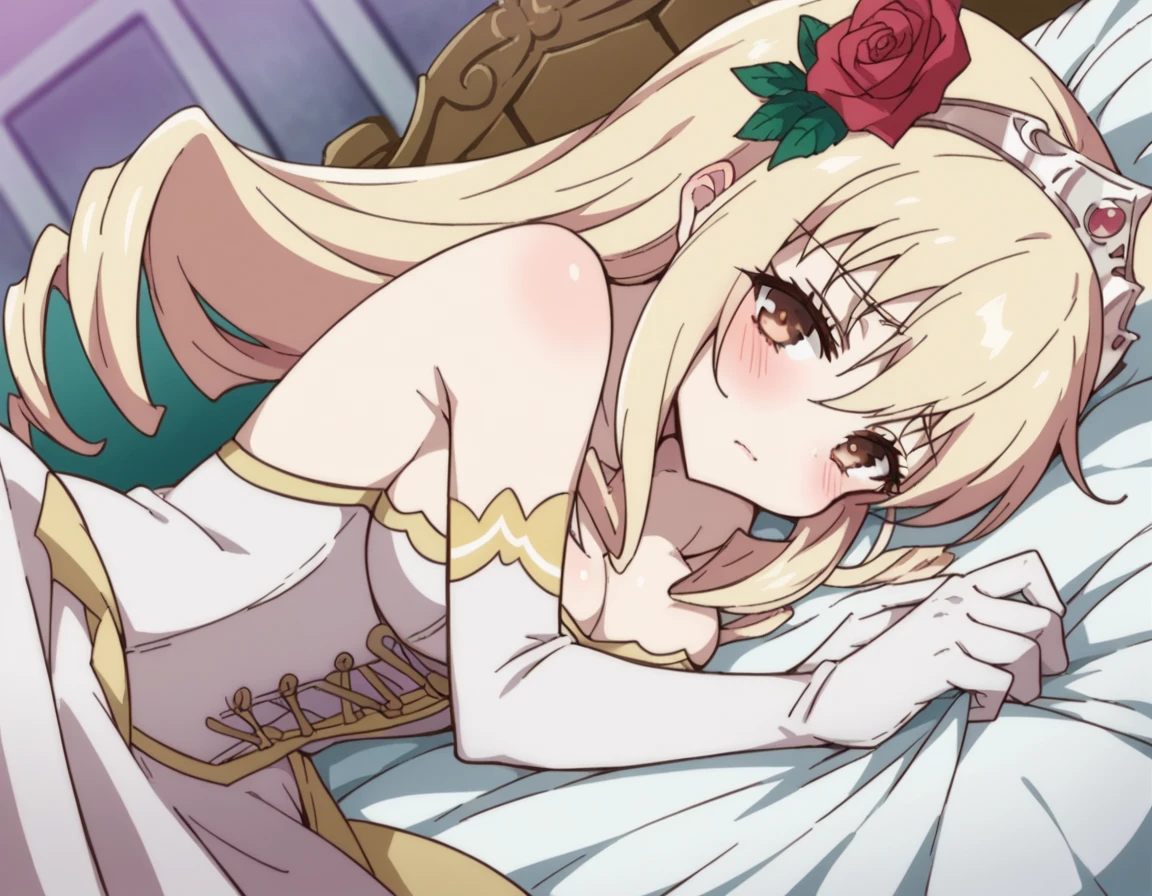 score_9, score_8_up, score_7_up, source_anime,
tsunprireiana, <lora:tsunpri-reiana-ova-ponyxl-lora-nochekaiser:1>,
reiana, long hair, blonde hair, hair ornament, brown eyes, flower, hair flower, drill hair, tiara,
cleavage, bare shoulders, jewelry, dress, white dress, corset, gloves, white gloves, elbow gloves,
indoors, bed, bed room, on side, blush, drunk,
solo, dutch angle, looking at viewer, cowboy shot,