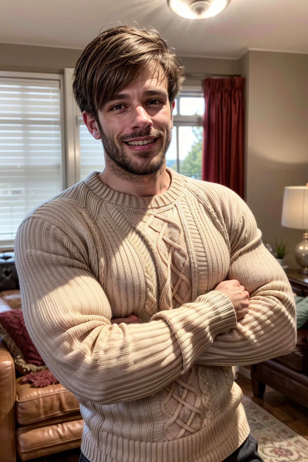 killian belliard, ((sweater)), beard, muscular, looking at you, arrogant smirk, smile, home, living room, evening, hands down<lora:EMS-179-EMS:1.000000>, <lora:EMS-363544-EMS:0.700000>