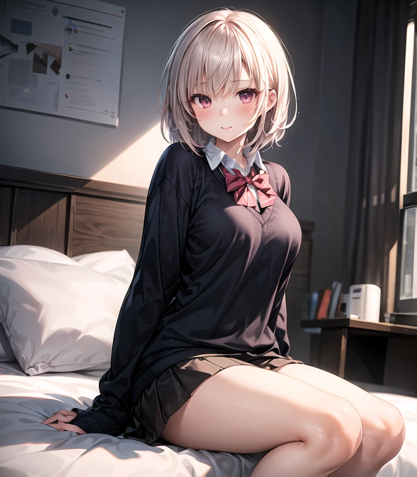 (super fine illustraiton:1.2),,best quality,ultra detailed, radiosity,professional lighting, physically-based rendering,1 girl,anime style,
<lora:school_uniformsweater_and_mini_skirt:0.5>,school uniform, sweater, miniskirt,bow tie,look to viewer,sitting on bed
<lora:add_detail:0.5>