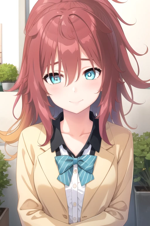 ((masterpiece)),(best quality),official art,extremely delicate and beautiful,extremely detailed CG,unity 8k wallpaper,ultra detailed,beautiful detailed eyes,extremely detailed face,outdoors,1girl,solo,upper body,(portrait:1.5),looking at viewer,facing viewer,smile,(petite:1.2),Shishikura Ooga,long hair,messy hair,red hair,high ponytail,gradient hair,hair between eyes,bangs,aqua eyes,collarbone,school uniform,green bowtie,loose bowtie,jacket,blazer,open clothes,collared shirt,black skirt,long sleeves,medium breasts,miniskirt,black skirt,pleated skirt,frilled skirt,white socks,loose socks,loafers,brown footwear,<lora:Shishikura Ooga(kahd)>,